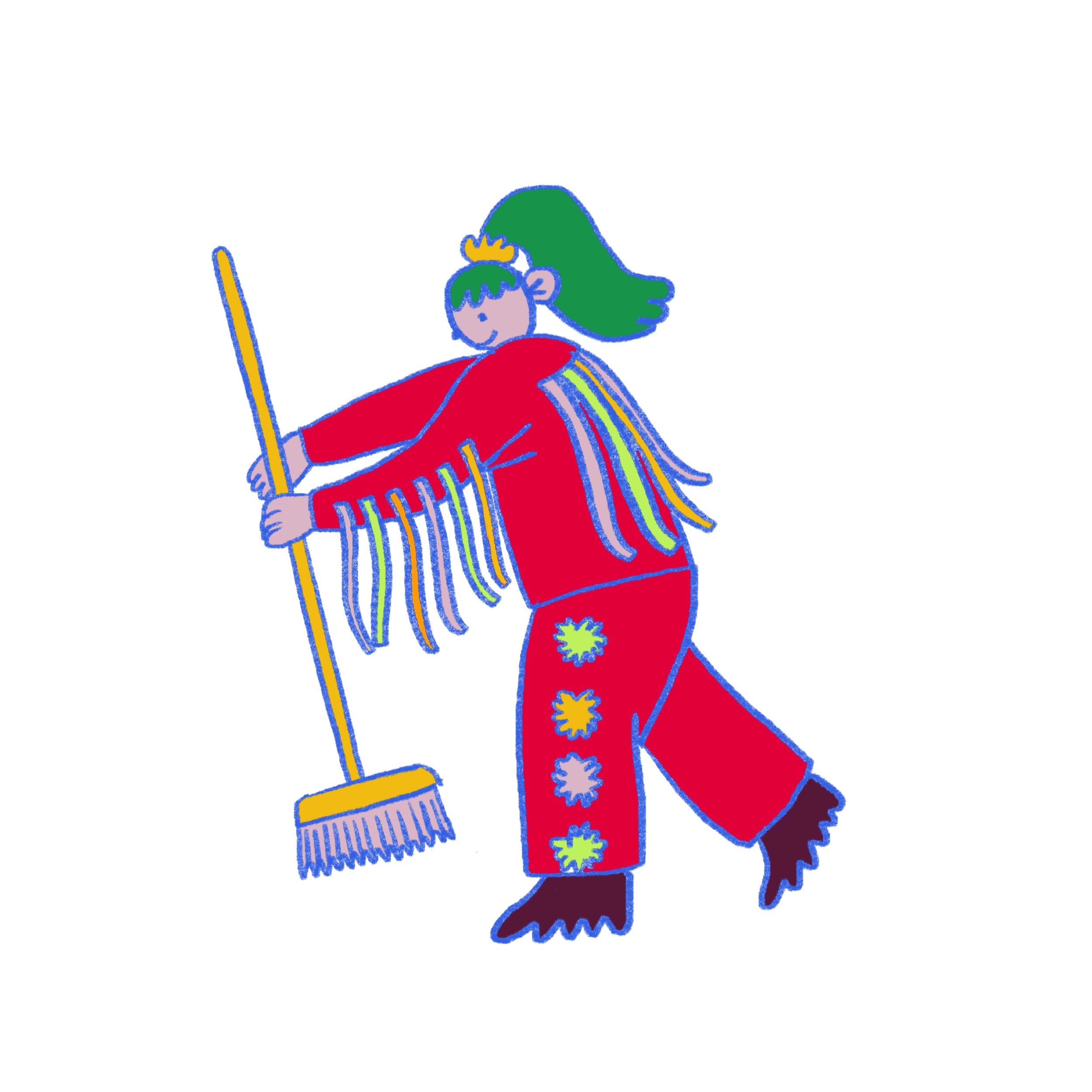 Illustration of a lady with green hair, a yellow crown, wearing a red dress with colorful stars, black shoes, sweeping the floor with a broom.