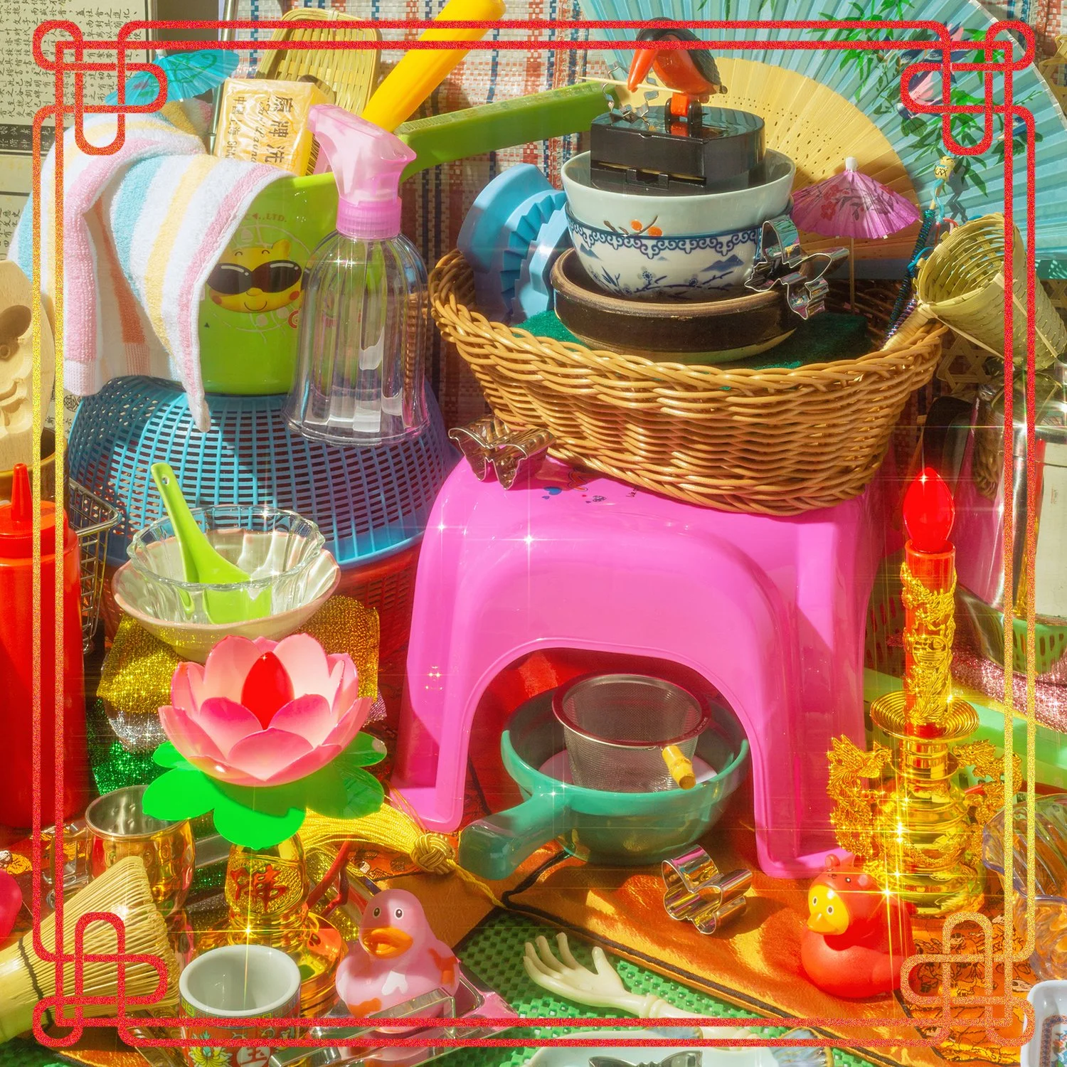A cluttered collection of colorful household items including bowls, a cleaning spray, a pink plastic giraffe, a yellow plastic duck, decorative gold items, a lotus-shaped container, and various Asian-themed objects, arranged on and around a pink plastic chair and a woven basket.