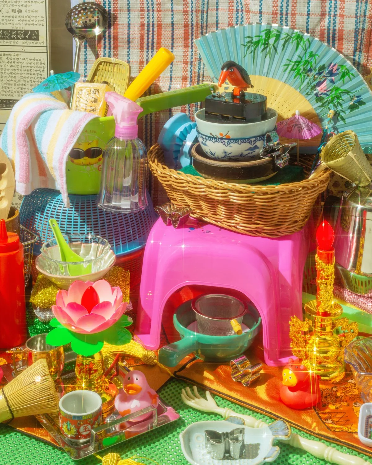 Colorful collection of household objects including a pink plastic stool, a wicker basket filled with bowls and kitchen items, a Chinese fan, small decorative figurines, a plastic duck, a lotus-shaped light, and various kitchen utensils and containers, set against a patterned background.