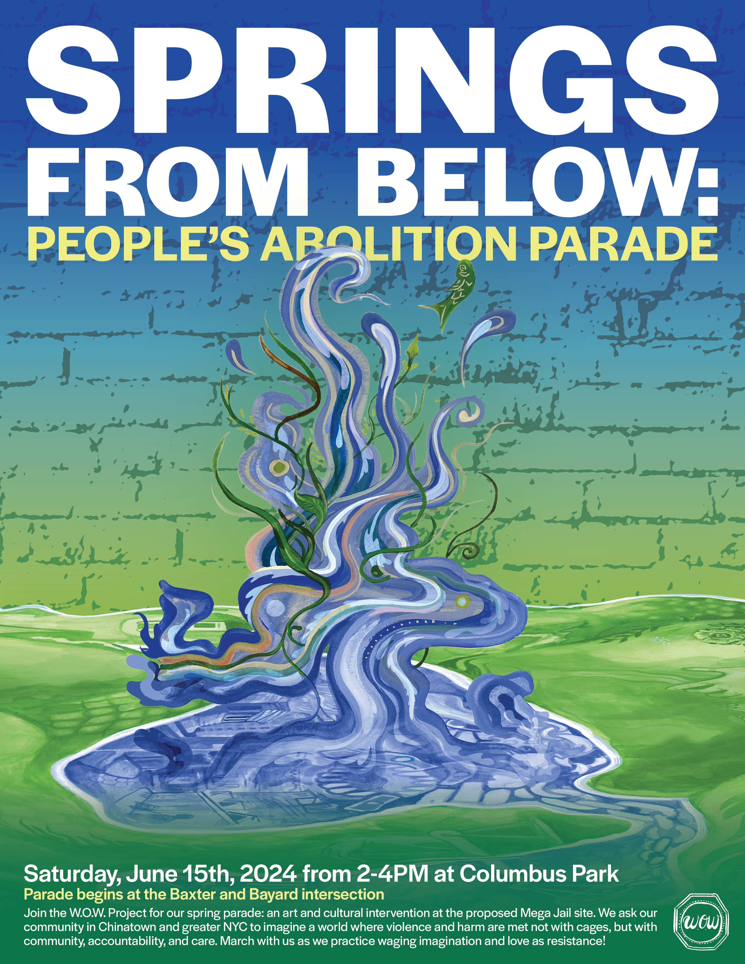 A colorful event poster for 'Springs From Below: People's Abolition Parade' featuring an abstract illustration of a water-like fountain with vines and a butterfly, with details about the date, time, and location of the parade at Columbus Park.