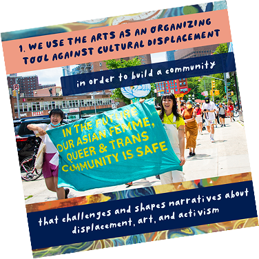 People holding a large teal banner that reads, "In the future, our Asian femme, queer & trans community is safe," during a parade or march in a city.