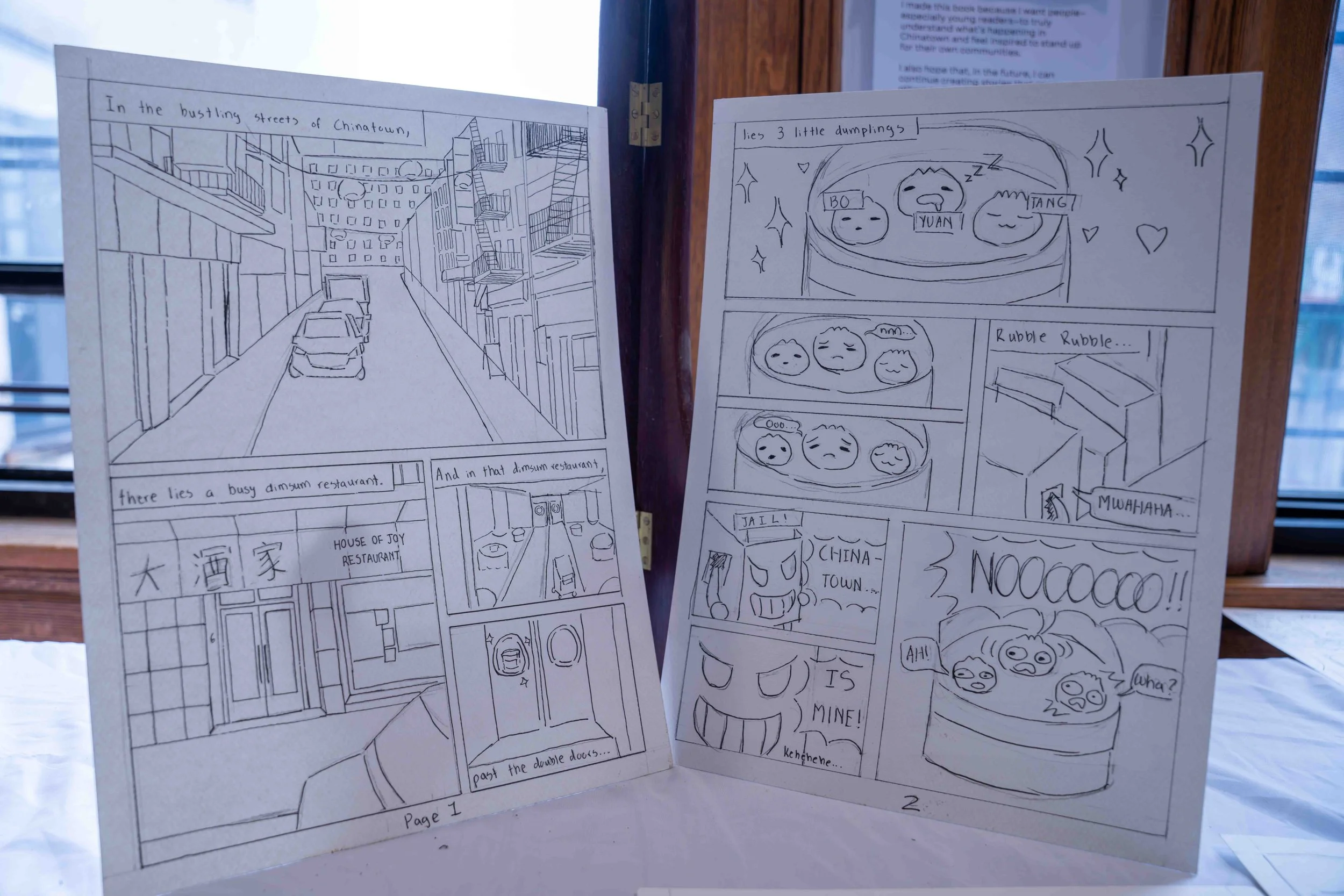 Black and white sketch of a comic strip with multiple panels depicting scenes from Chinatown, a dumpling restaurant, and a humorous chase scene with cartoon characters.