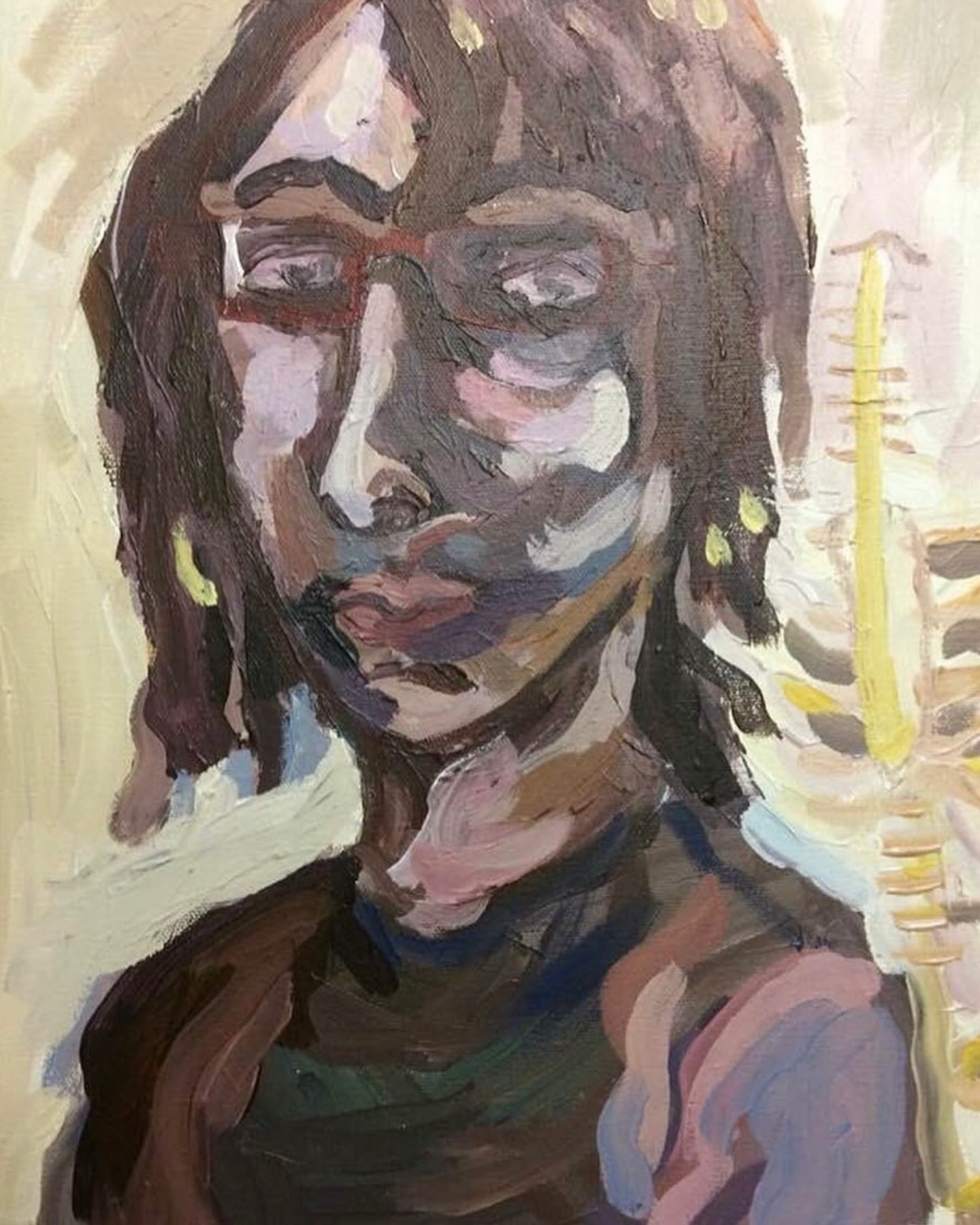This is a self-portrait I did in high school. I hated it at the time, and I love it now. There was a skeleton in the classroom behind me, and I decided to include it &mdash; for some reason that might have been subconscious. I was trans, and transiti