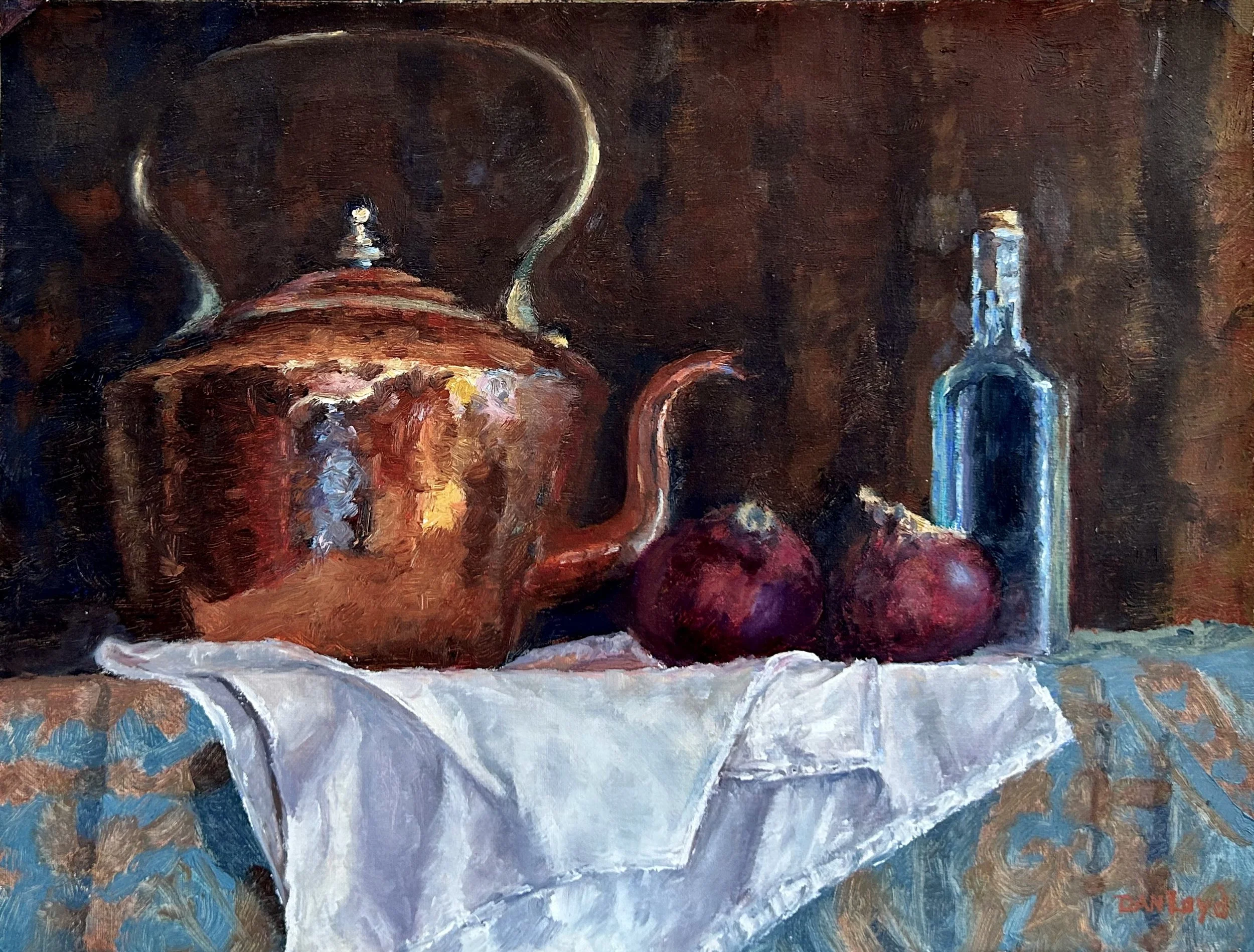 Still life painting with a copper pot.