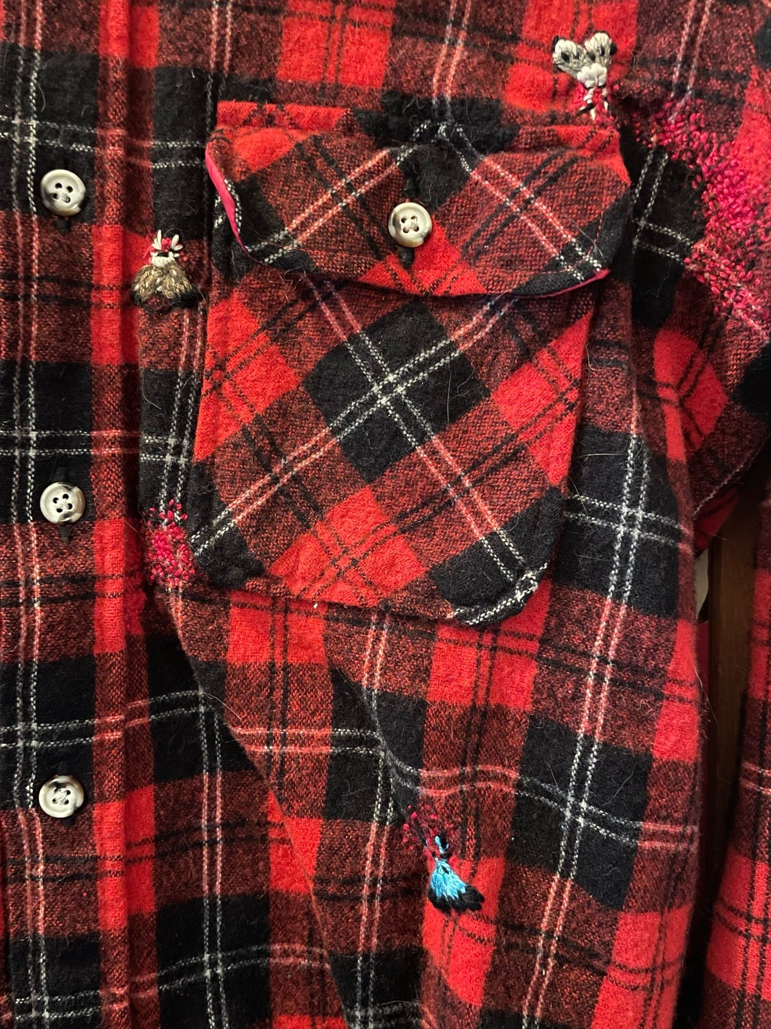 silk & cotton thread on wool flannel shirt