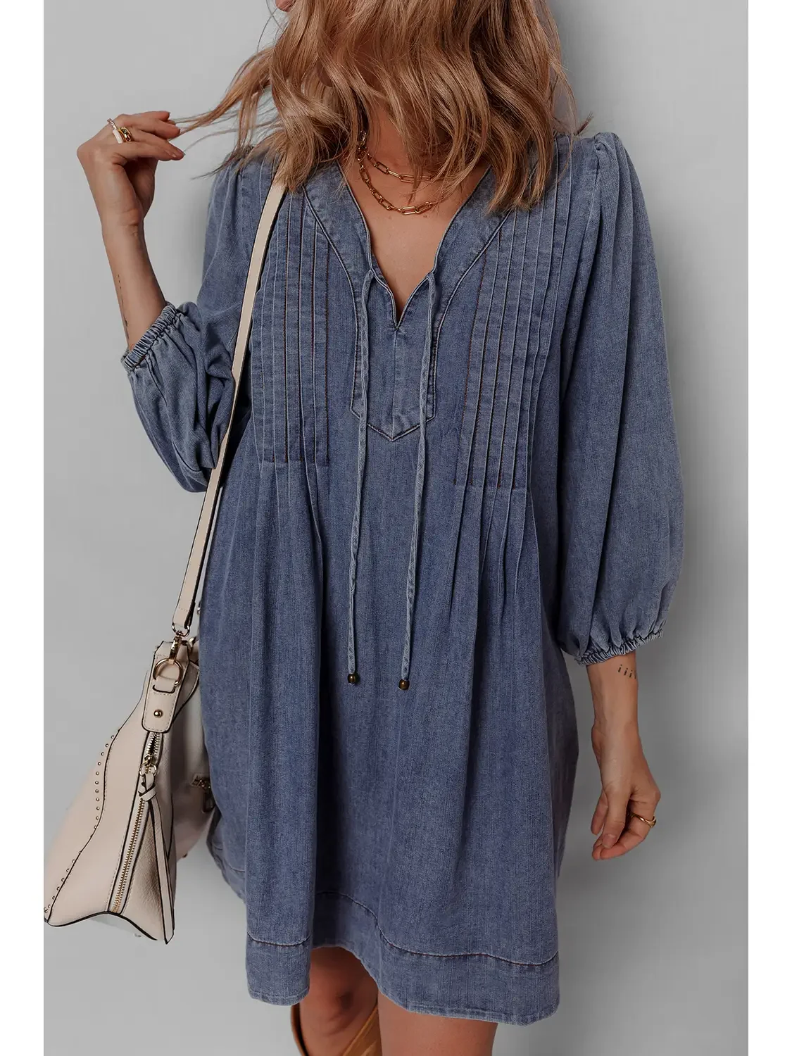 Pleated 3:4 Sleeve Denim Mini Dress.webp