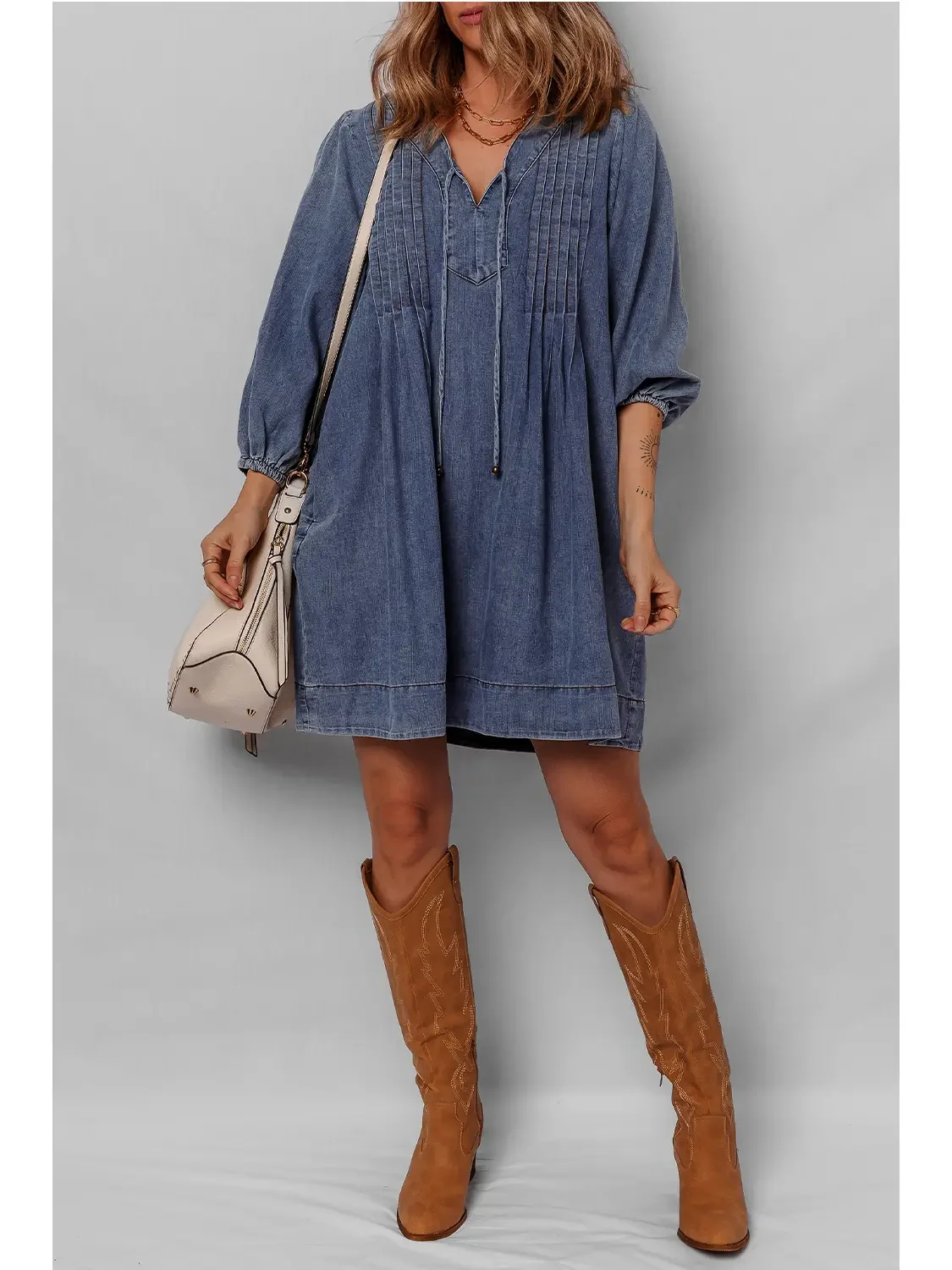 Pleated 3:4 Sleeve Denim Mini Dress 3.webp