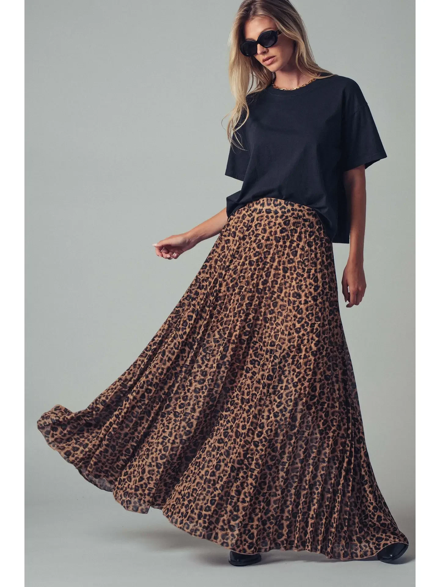 Leopard Print Pleated Flowy A Line Midi Skirt.webp