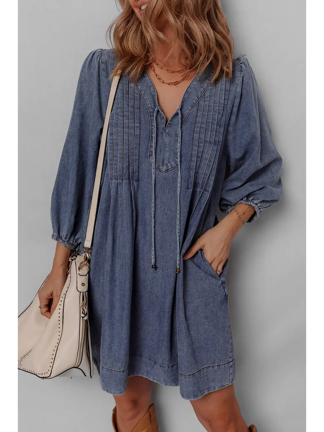 Pleated 3:4 Sleeve Denim Mini Dress 2.webp