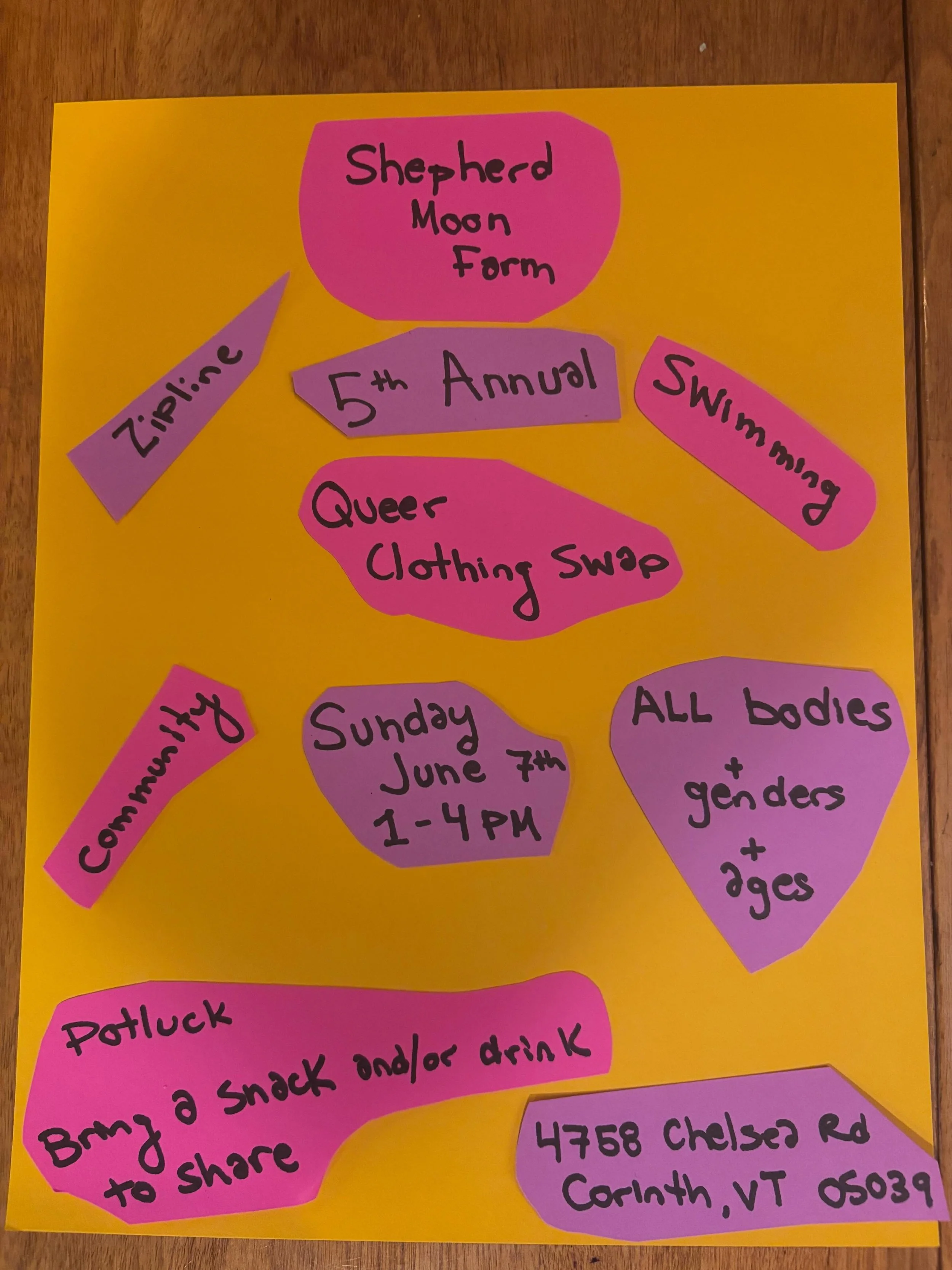 5th Annual Shepherd Moon Farm
 Queer Clothing Swap! 
1-4PM, Sunday June 7th.

4758 Chelsea Rd, Corinth, VT

Bring what you&rsquo;re ready to part with, find new clothes you&rsquo;re excited about!

ALL bodies, genders and ages!

Snackluck - bring a s