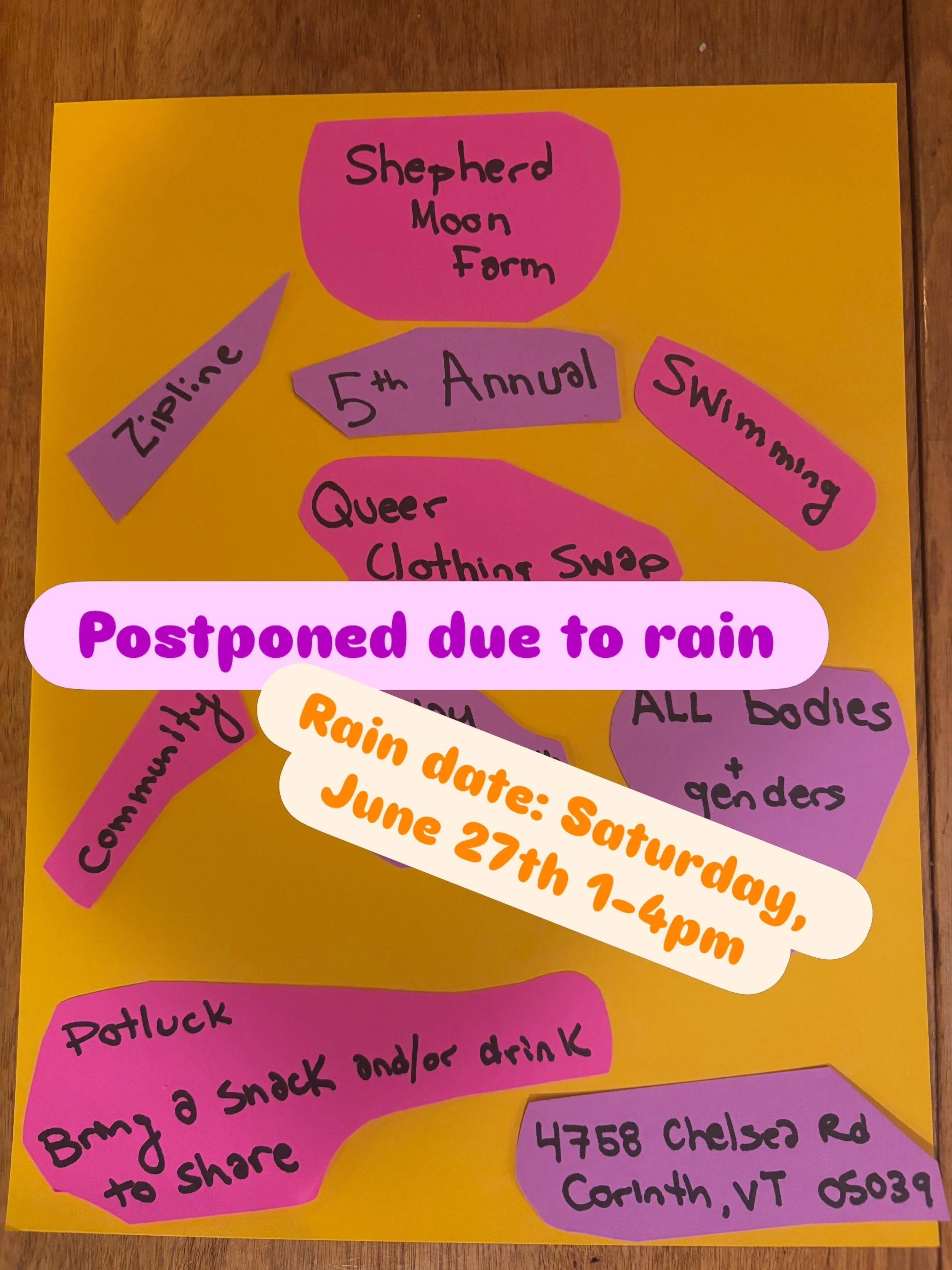 We have decided to postpone our annual clothing swap due to the forecasted rainy weather. Mark your calendar for Saturday, June 27th from 1-4pm. Hope to see you all there!