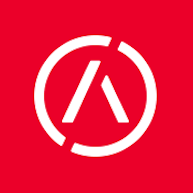 Red background with white circular logo featuring an angular design inside.