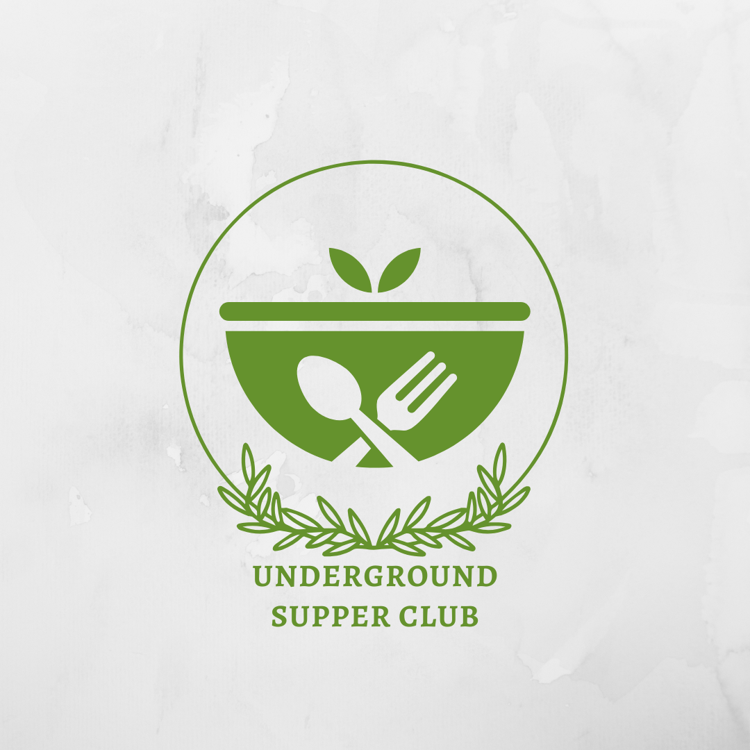 Green logo featuring a bowl with a spoon and fork crossed over it, with leaves on top, encircled by a simple outline and the text 'Underground Supper Club' below.