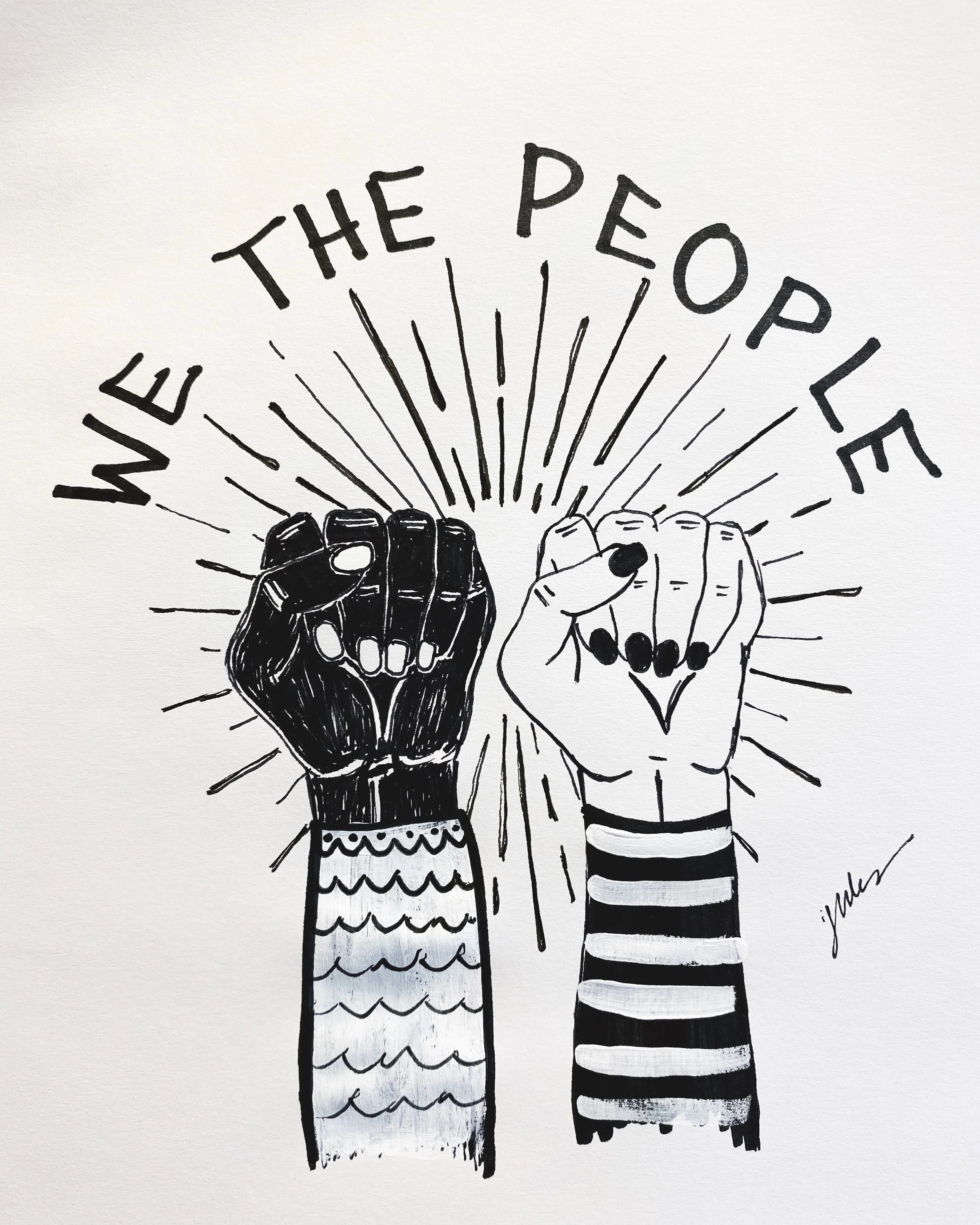 Illustration of two raised fists with the words 'We the People.' The left fist is dark with a patterned sleeve, and the right fist is light with a striped sleeve. Rays emanate from the fists, symbolizing unity and strength.