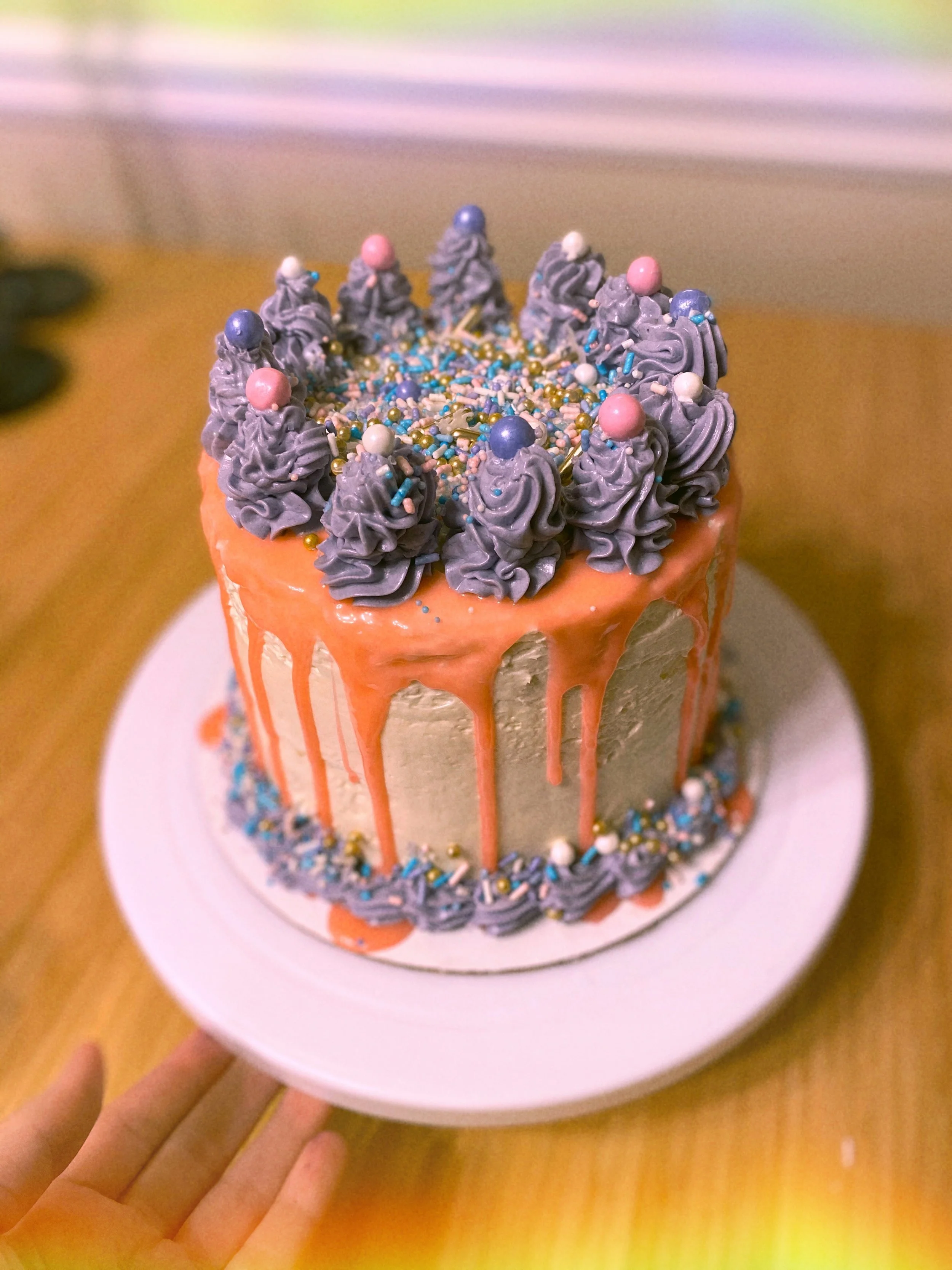 Vanilla Cake with Swiss Meringue Buttercream and white chocolate ganache pink drip