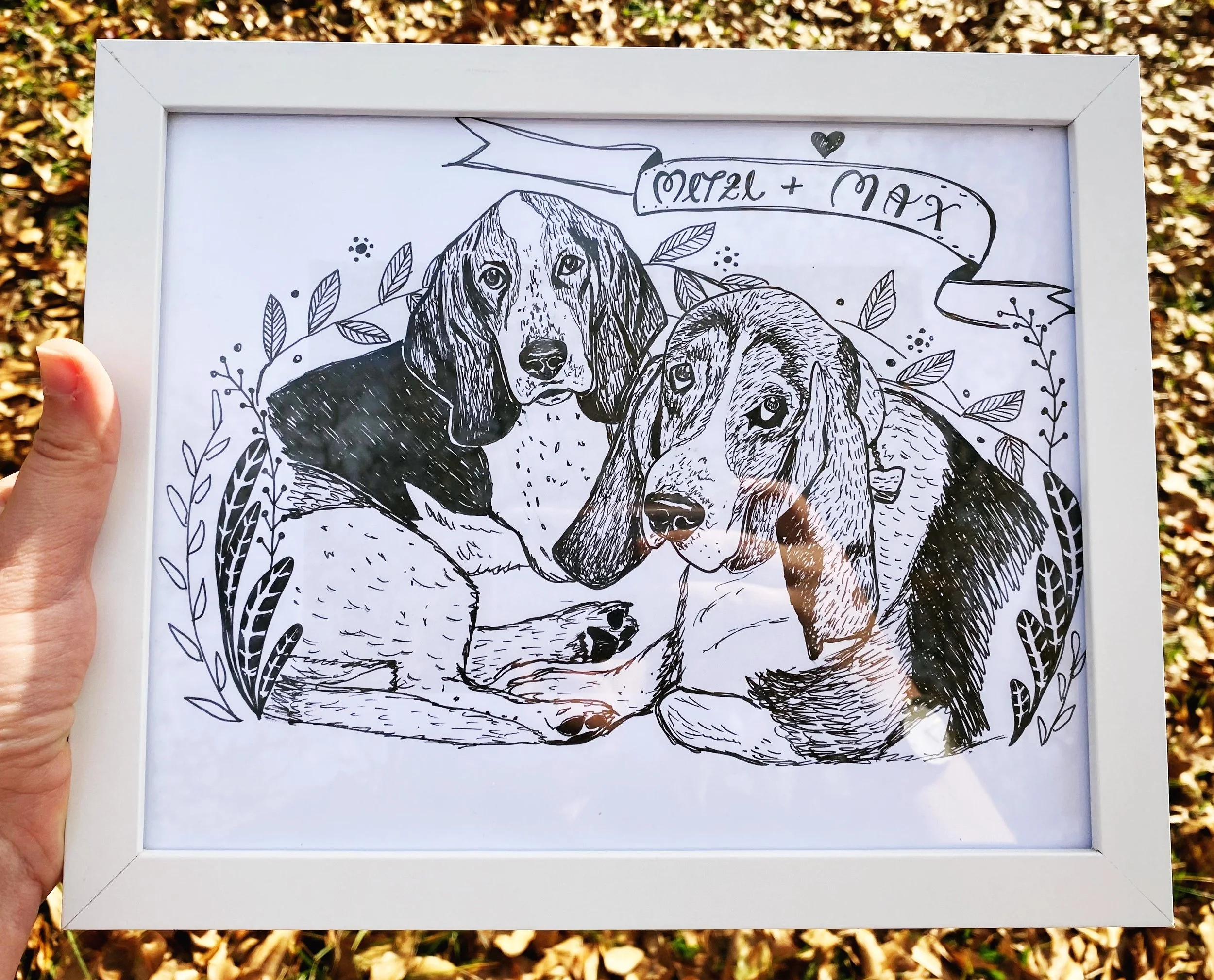 Black and white drawing of two basset hound dogs in a white frame, surrounded by decorative leaves and the names "Metzi + Max" in a banner.