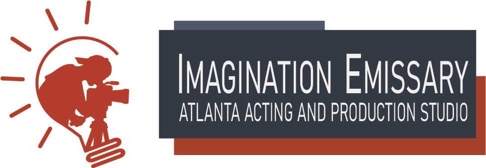 Logo for Imagination Emissary, an Atlanta acting and production studio, featuring a camera operator inside a light bulb design and stylized text.
