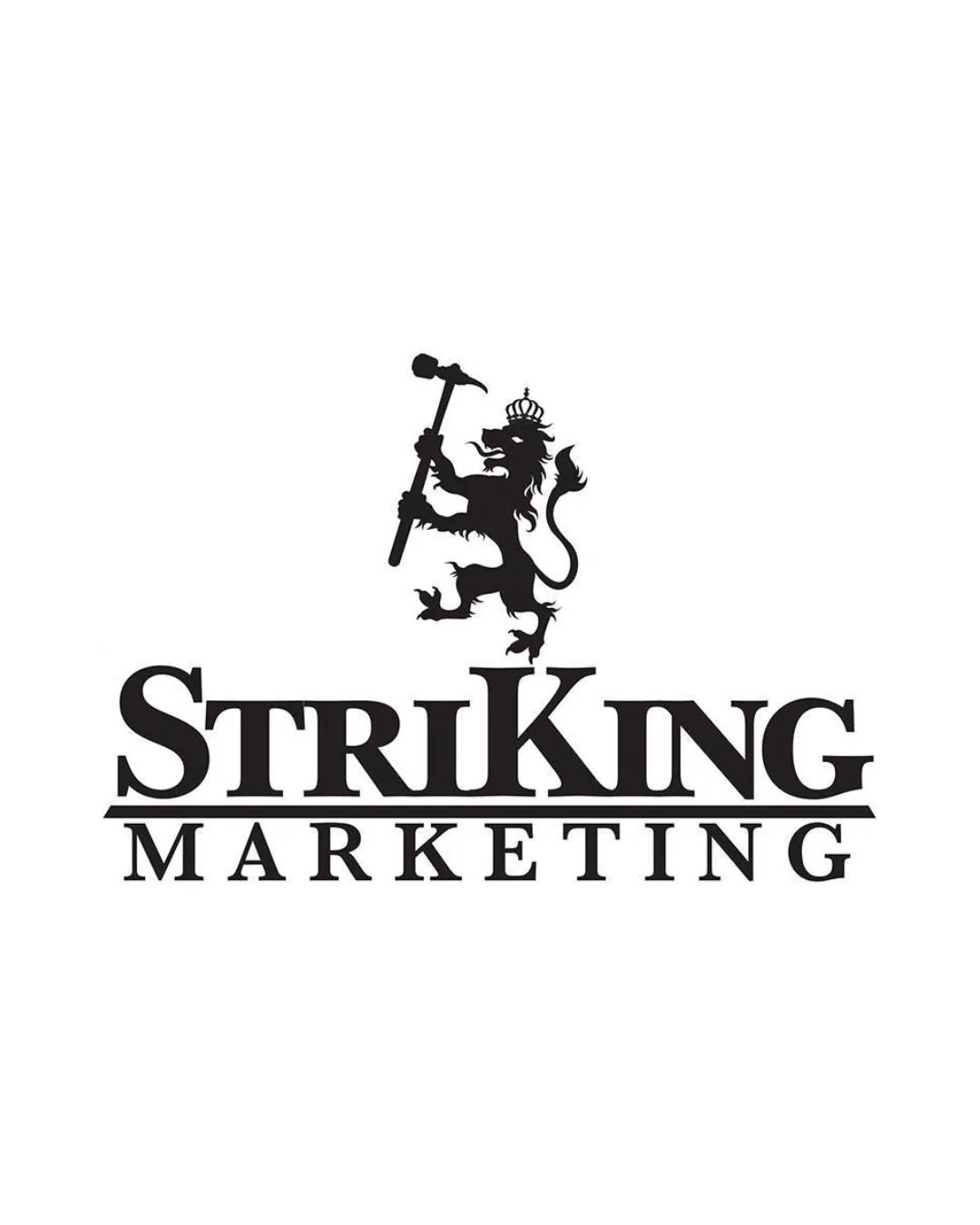 Logo of Striking Marketing featuring a crowned lion holding a hammer.