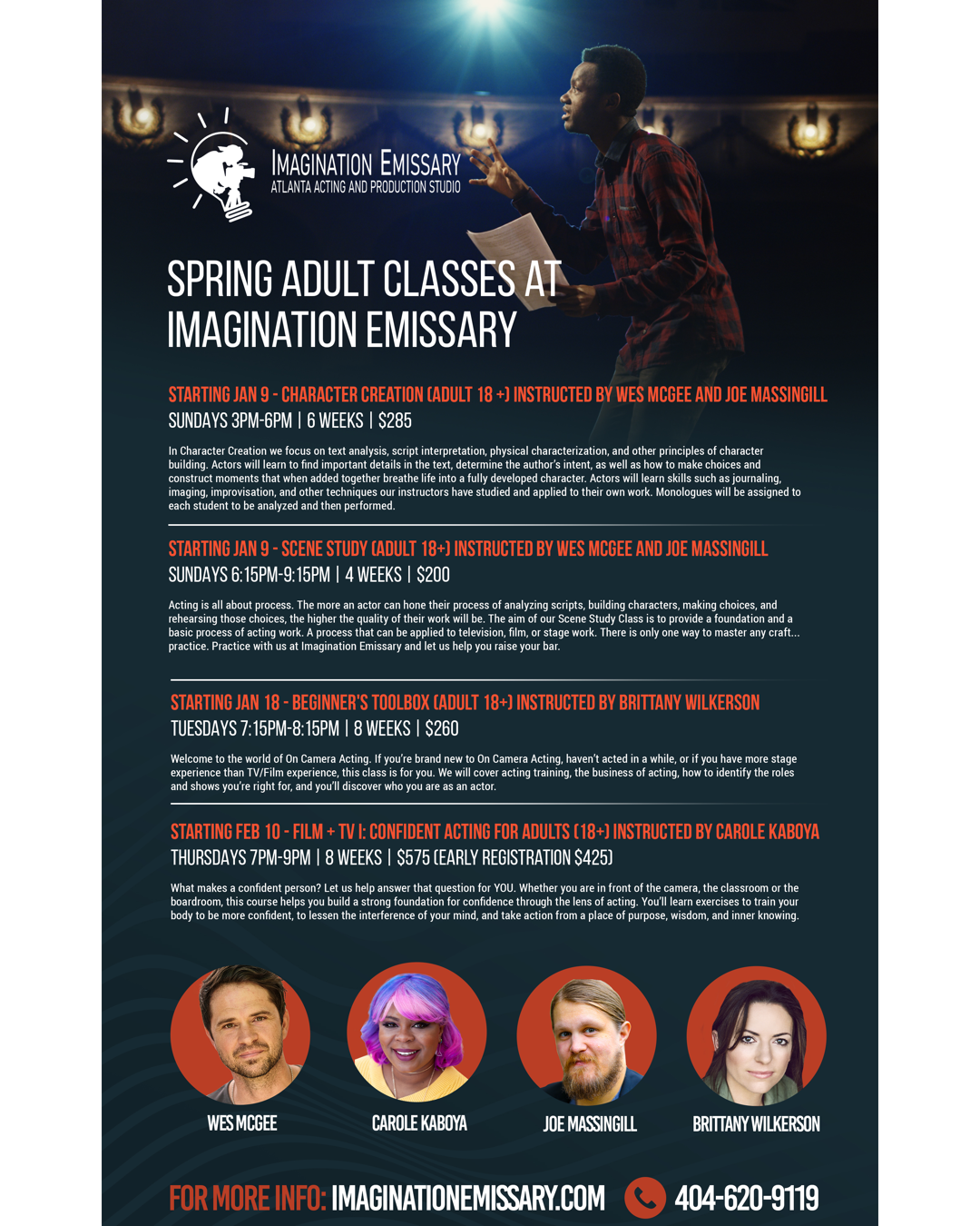 Promotional flyer for "Spring Adult Classes at Imagination Emissary." Offers character creation, scene study, beginner's toolbox, and film/TV acting classes for adults 18+. 