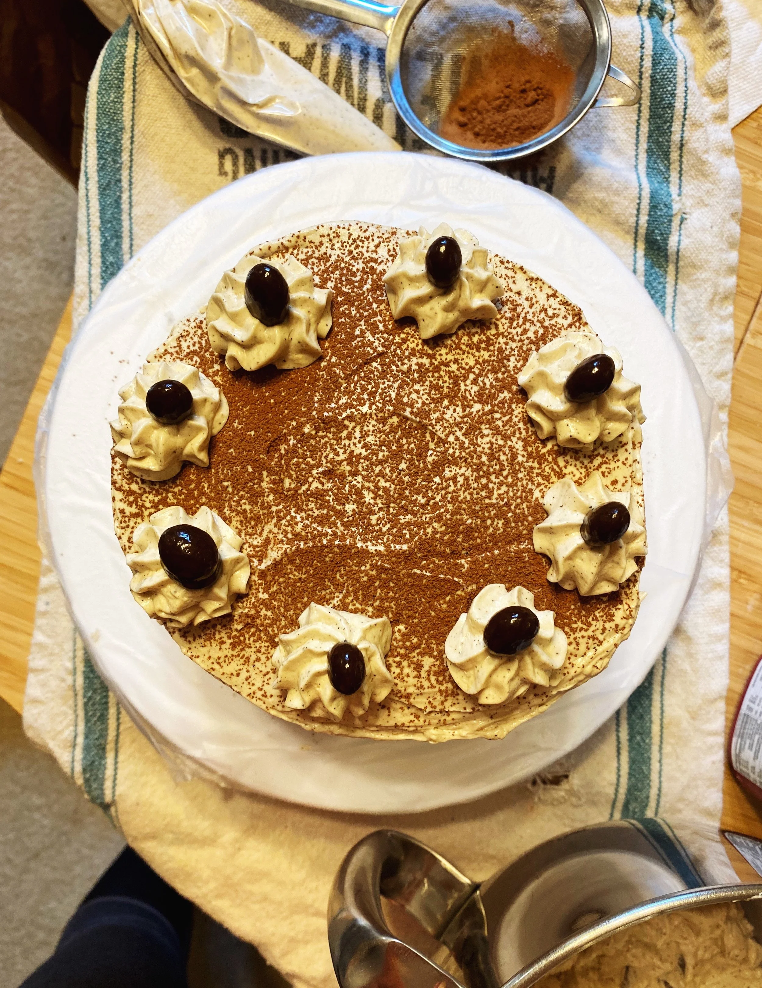 Tiramisu Cake with Mascarpone Custard Filling, Coffee Liqueur + Brandy soak, and Homemade Espresso S