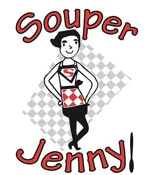 Illustration of a person in an apron with a "S" emblem, next to the text "Souper Jenny!" on a checkered background.