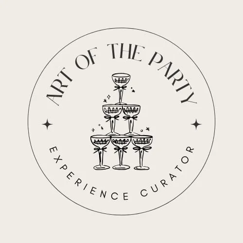 Logo with the text "Art of the Party, Experience Curator" featuring a pyramid of champagne glasses sketch.