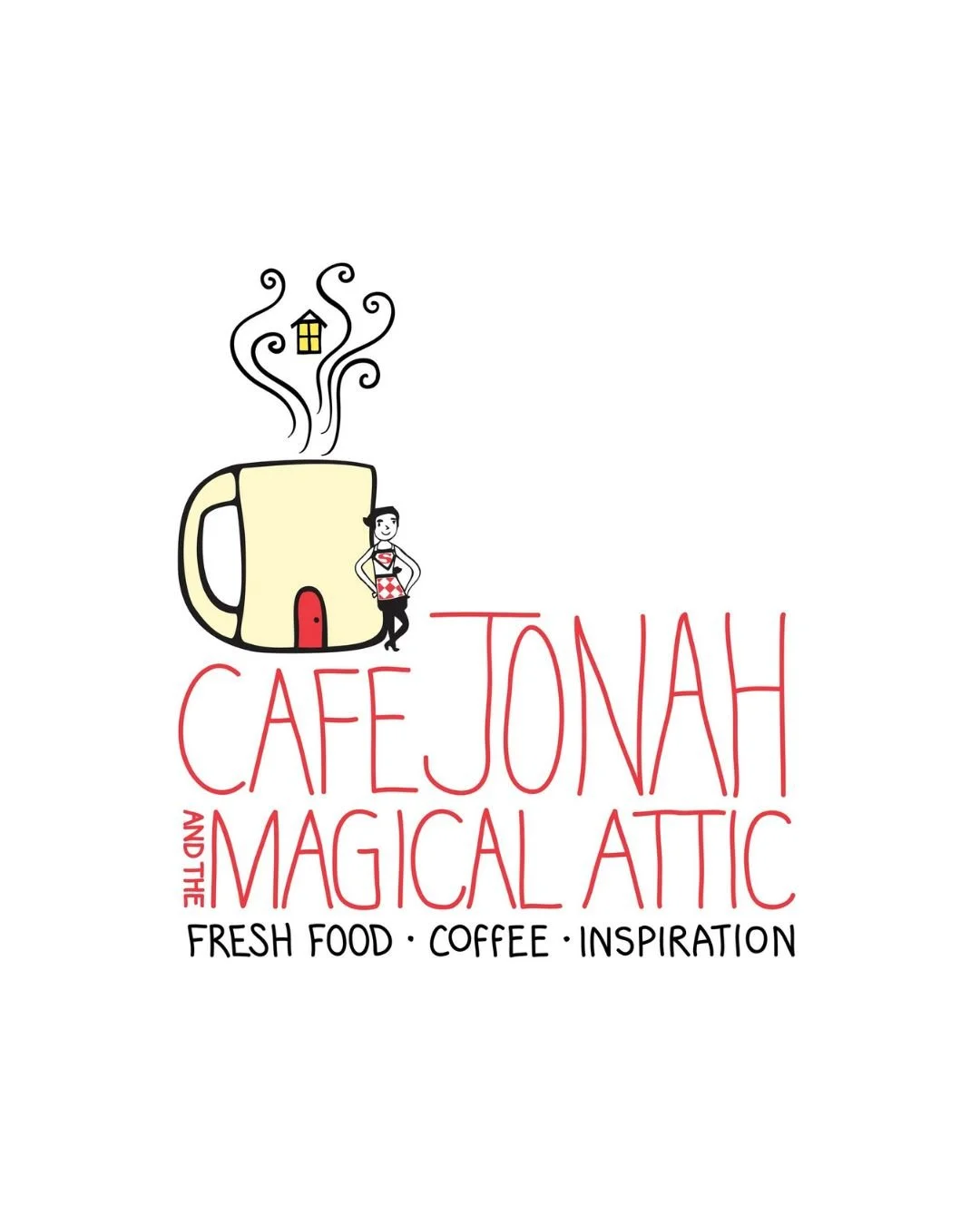 Logo of Cafe Jonah and the Magical Attic featuring a whimsical coffee cup with a door, steam forming a house shape, and a person leaning against the cup. Text below reads, "Fresh Food • Coffee • Inspiration."