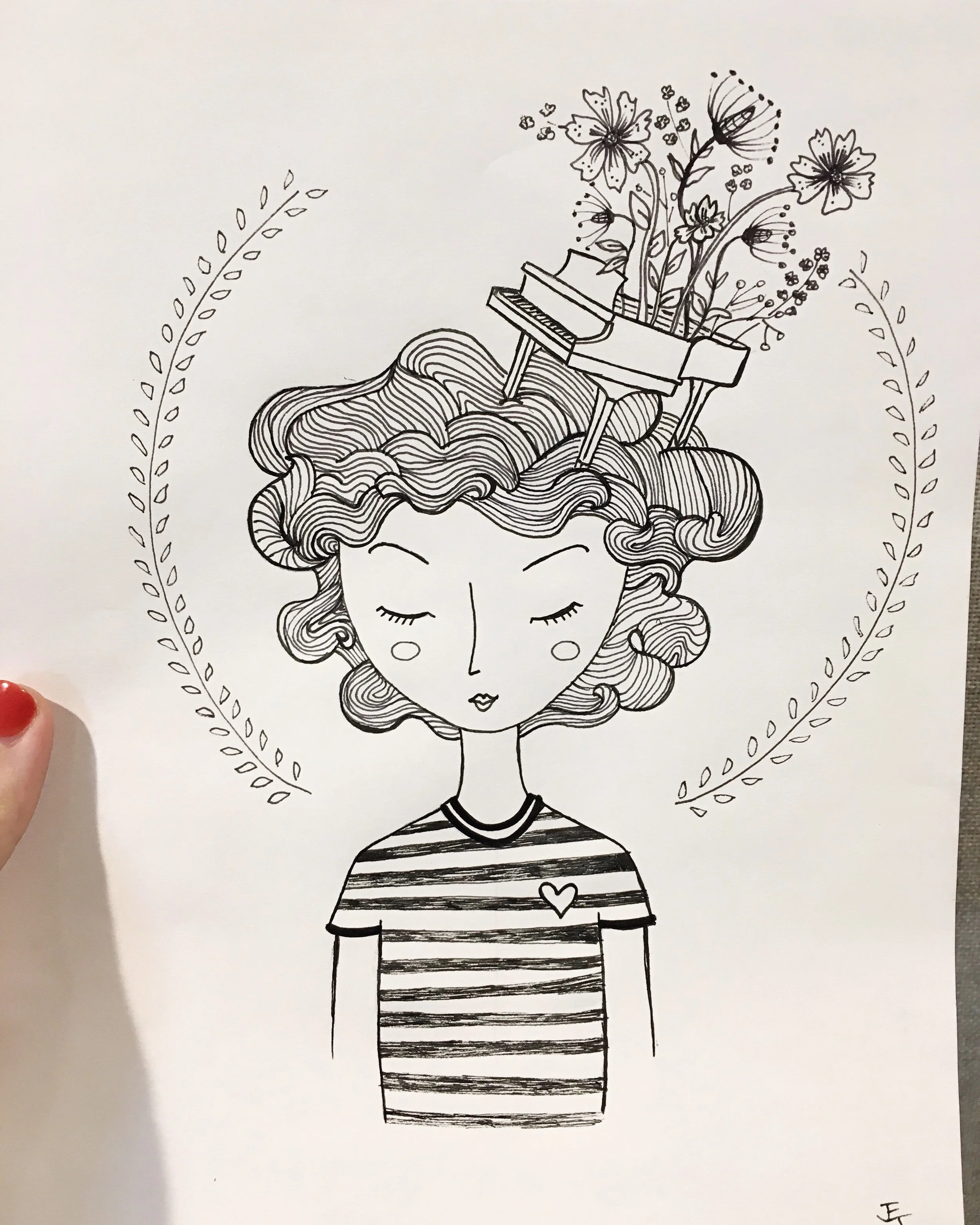 Black and white illustration of a person with curly hair, wearing a striped shirt. A small piano and flowers are depicted atop the person's head, with decorative leaves surrounding the drawing.