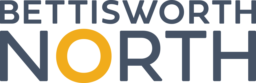 Logo with the text "Bettisworth North" in dark blue, with the letter "O" in "North" highlighted in yellow.