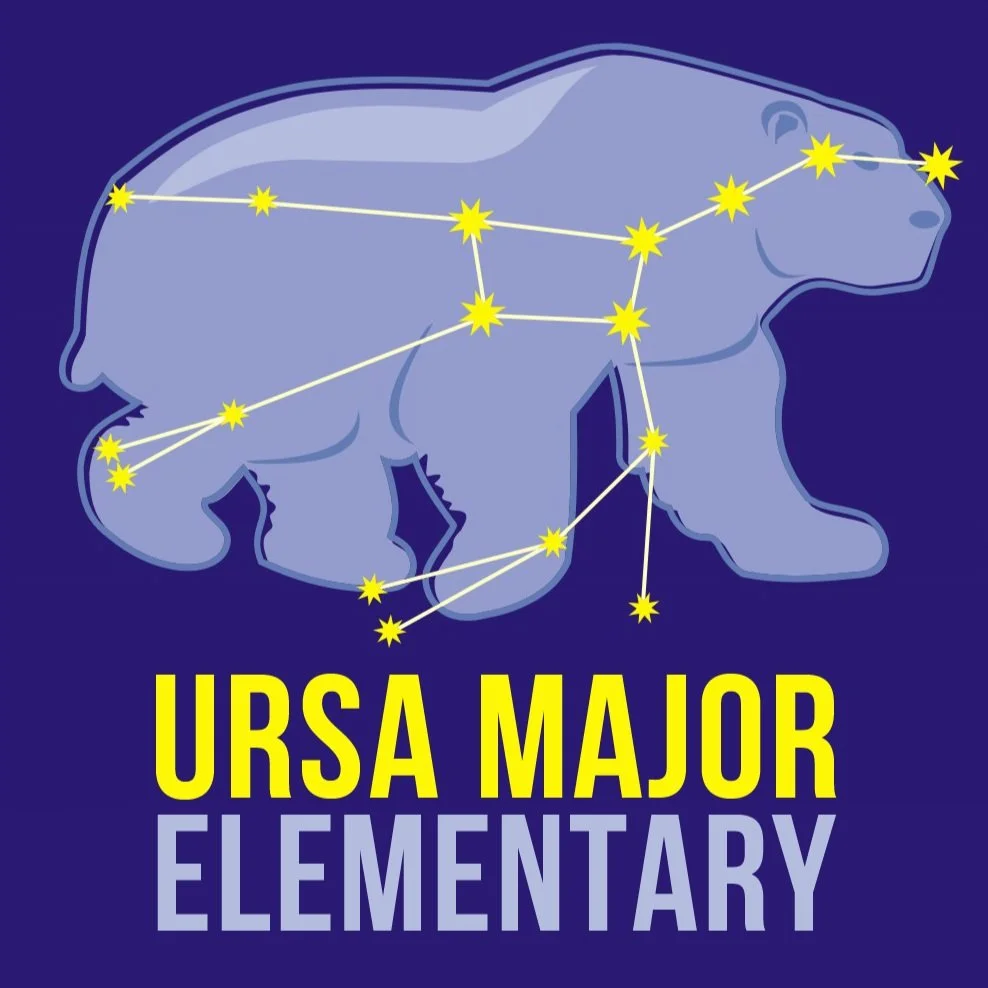 Illustration of a blue bear outlined with yellow stars forming the Ursa Major constellation, with the text "Ursa Major Elementary" in yellow and light blue letters on a dark blue background.