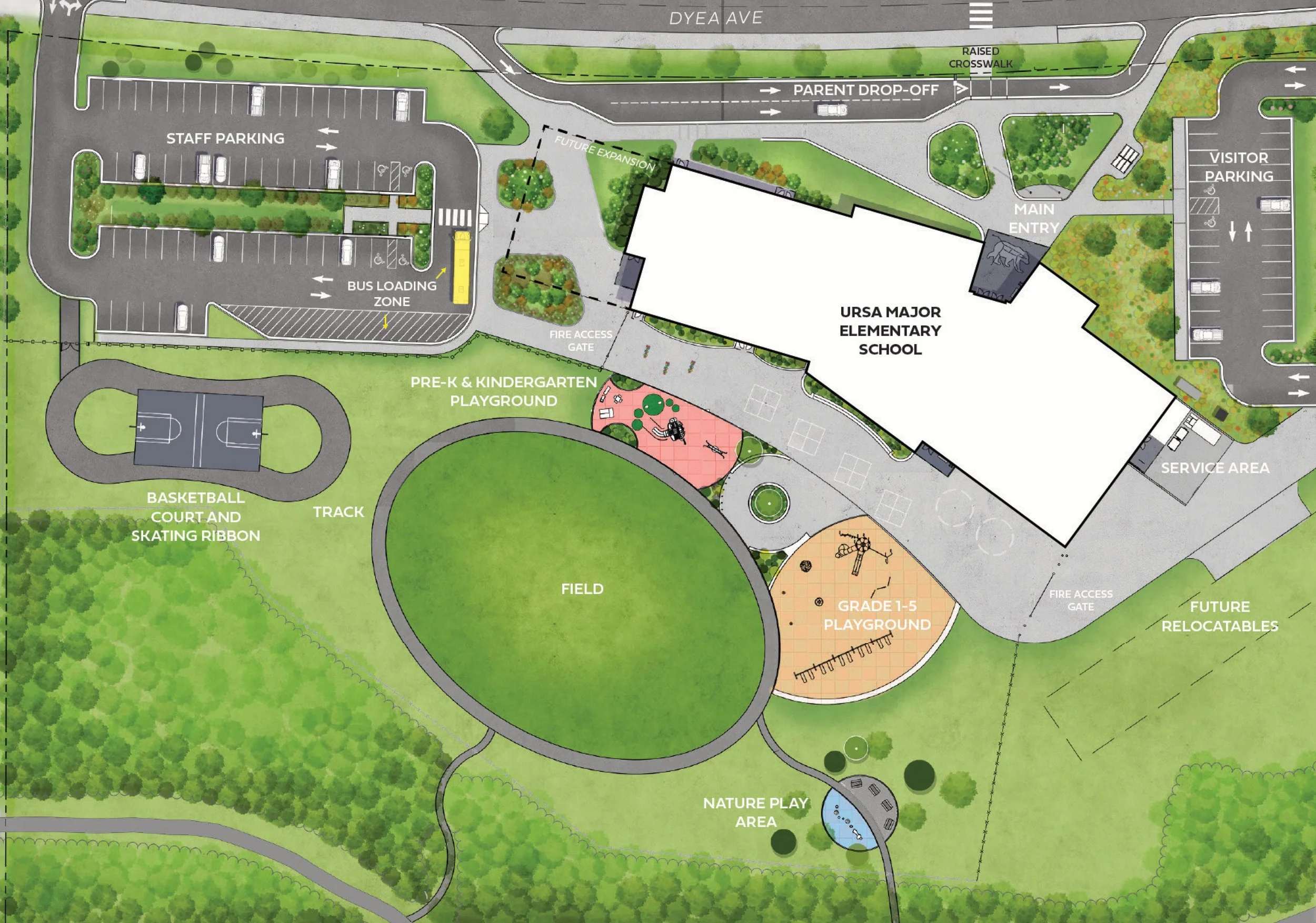 A planning map on a table showing a school layout with labeled areas such as a school building, playgrounds, and sports facilities. There's a green Sharpie marker and a sticky note with the handwritten text "Maximize Sun in Classrooms" on the map.