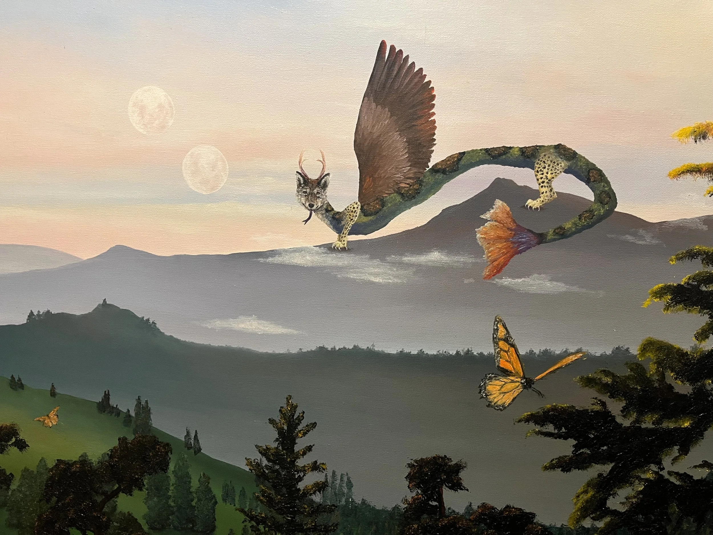 dragon moon over lassen valley. in ancient chinese stories, dragons might be the amalgamation of various creatures, hold moon pearls, live in mountains. their spine forms the ridgeline. water accumulates and spirals around the dragon home. in califor