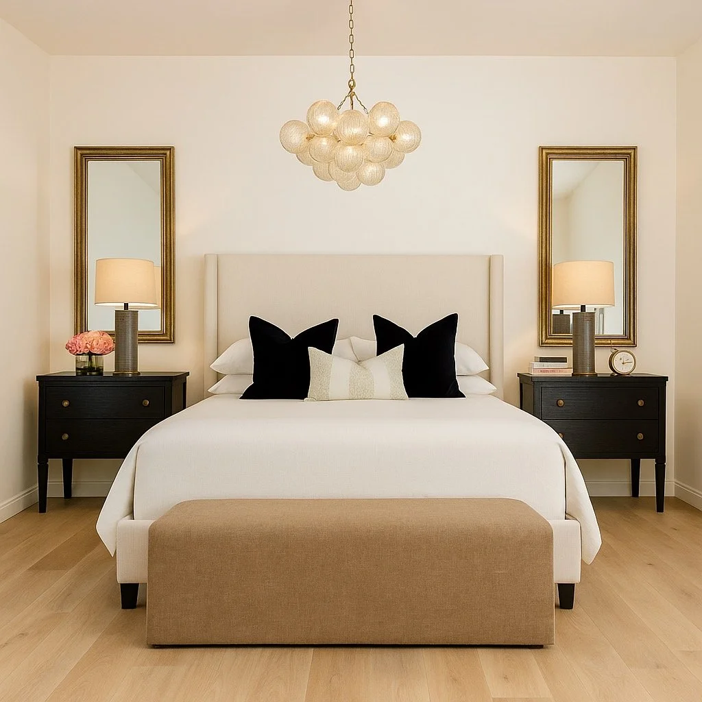 A modern bedroom with a large white bed, black and white pillows, two black nightstands with matching lamps, framed mirrors, a pink flower arrangement, and a beige bench at the foot of the bed.