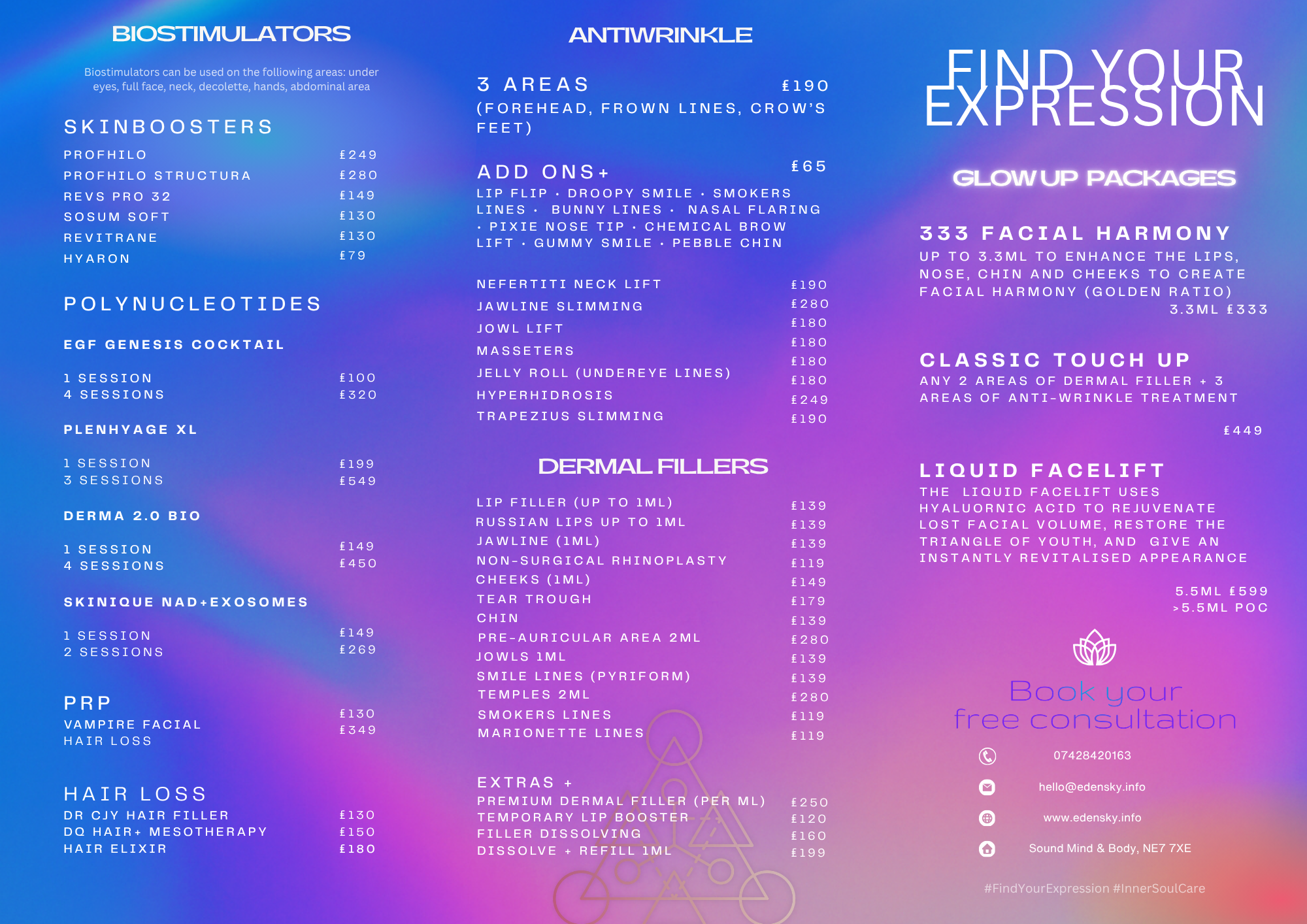 Dermal filler packages newcastle upon tyne, botox newcastle, lip filler, skin boosters, profhilo structura, face-lift newcastle, essex, Chelmsford, southend-on-sea, energy healing, reiki healing, quantum energy healing, lip flip, crows feet