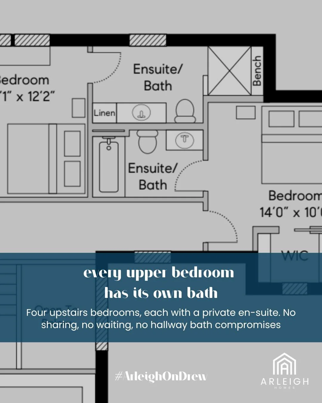 Guess what's missing in the #arleighondrew home? A jack and jill bath. Every bedroom has it own bath.