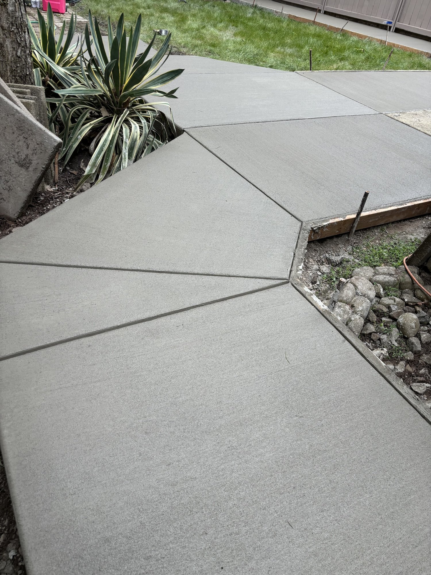 Freshly poured concrete walkway with geometric design, bordered by green plants and rocks.