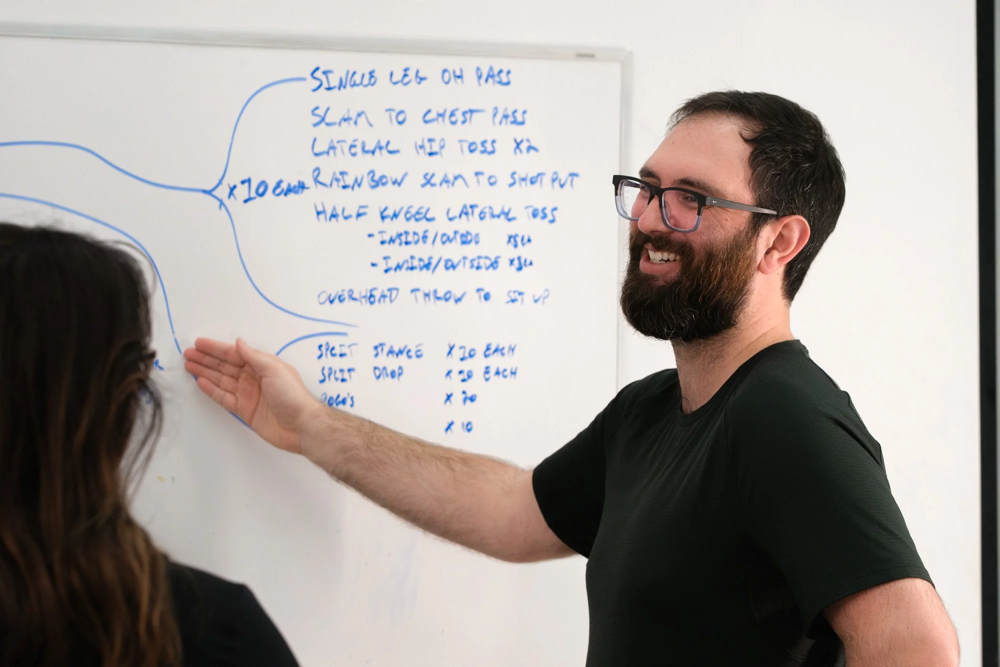 A man with glasses and a beard writing on a whiteboard in a classroom or meeting room.