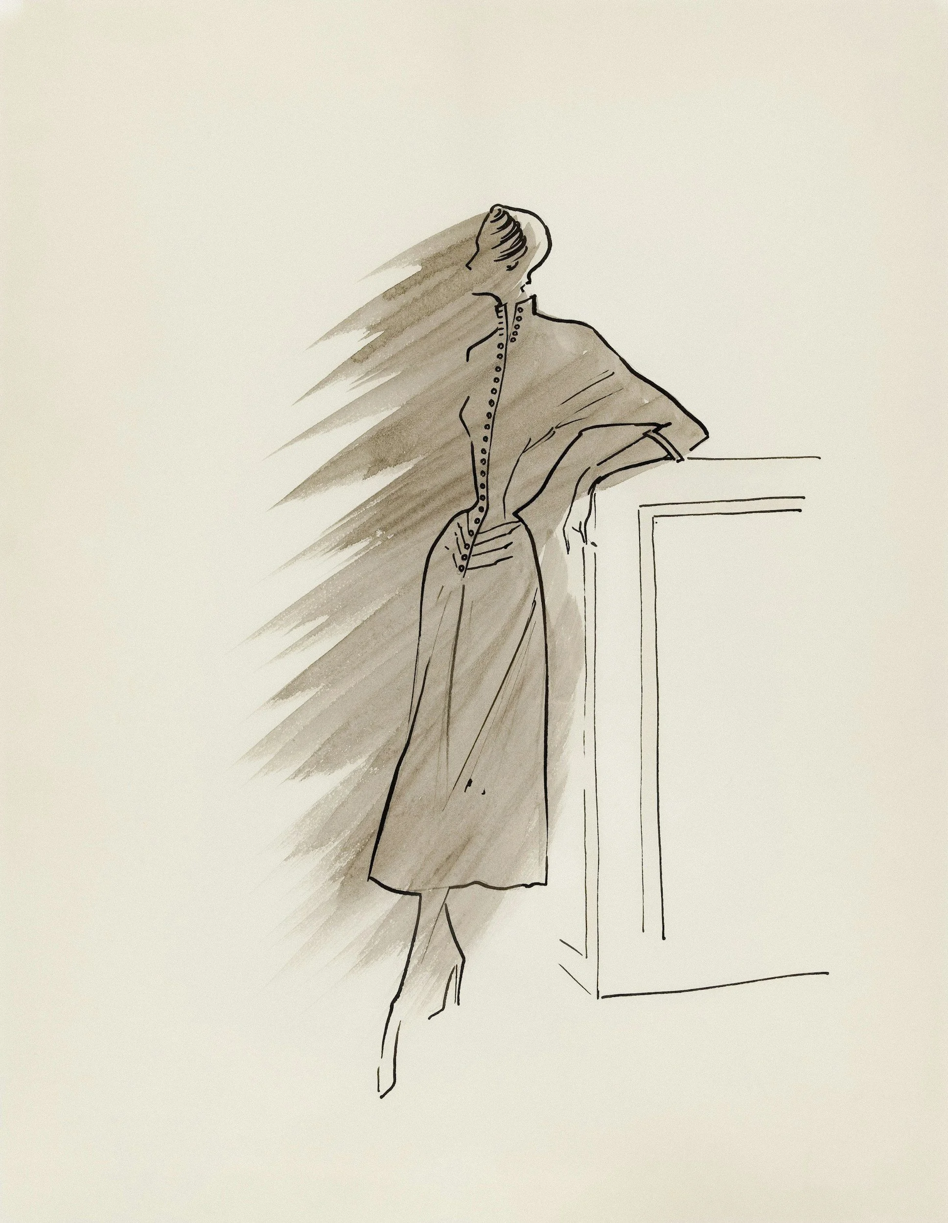 Fashion illustration of a woman in a long coat leaning against a dresser.