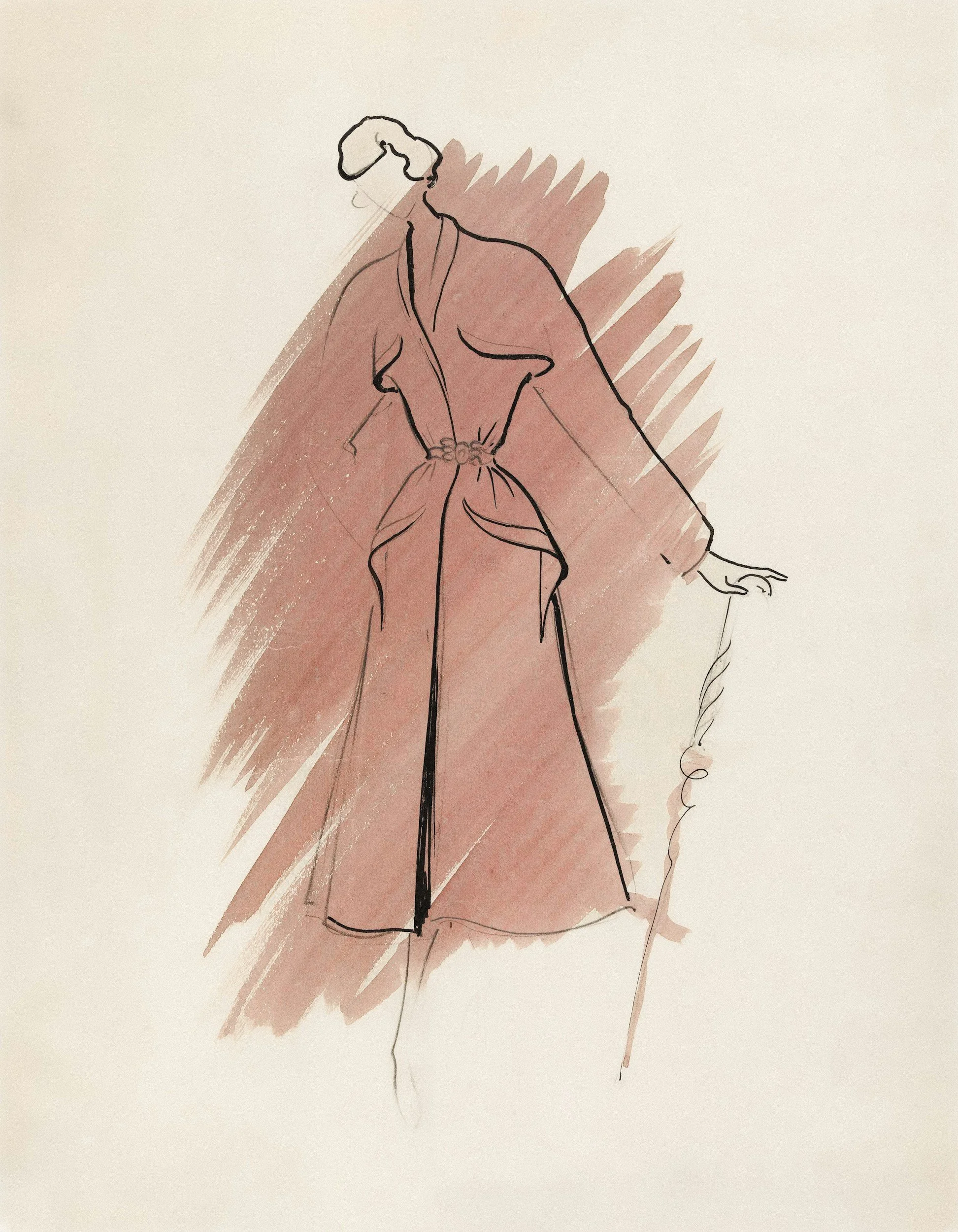 Fashion illustration of a woman in a long dress, holding a walking cane, with a pink and beige background.