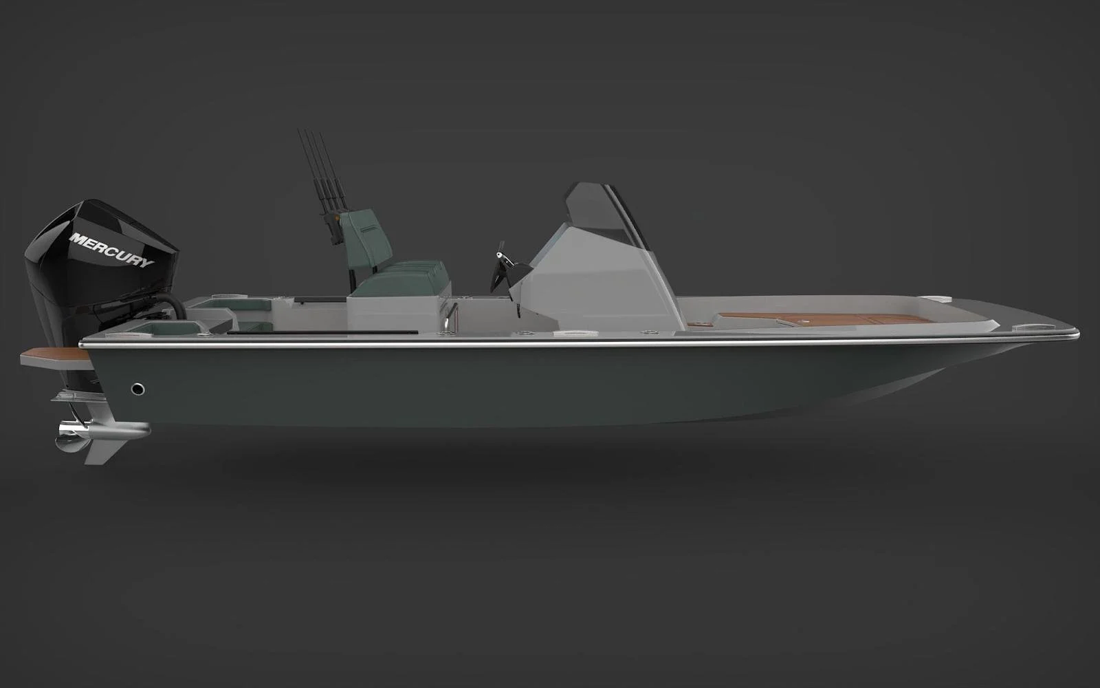 Side view of a modern fishing boat with a Mercury outboard motor, green cushioned seating, a clear windshield, and a sleek design against a dark background.