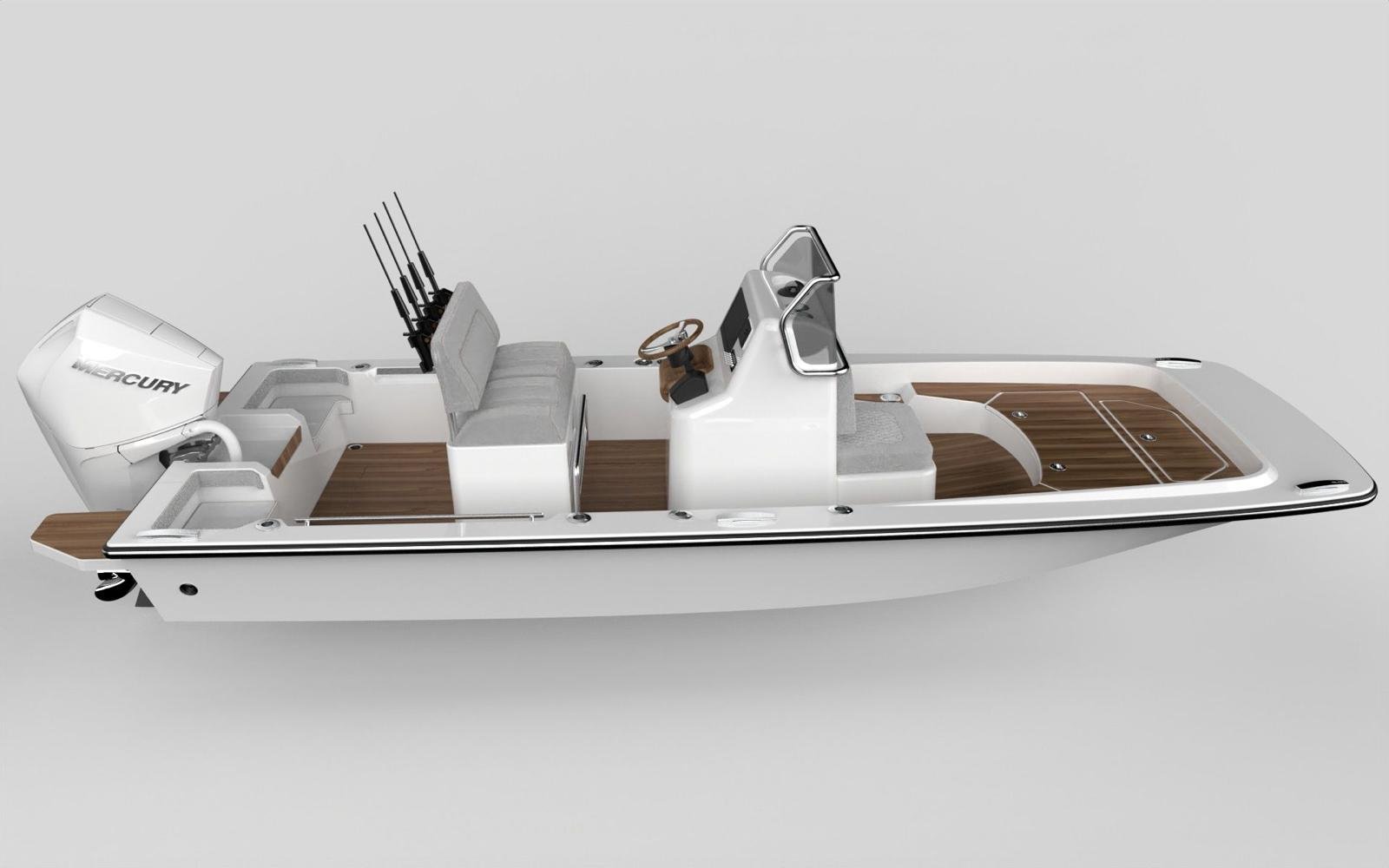 A white boat with a Mercury outboard motor, seating, and fishing rods, featuring a wooden floor and a steering console.