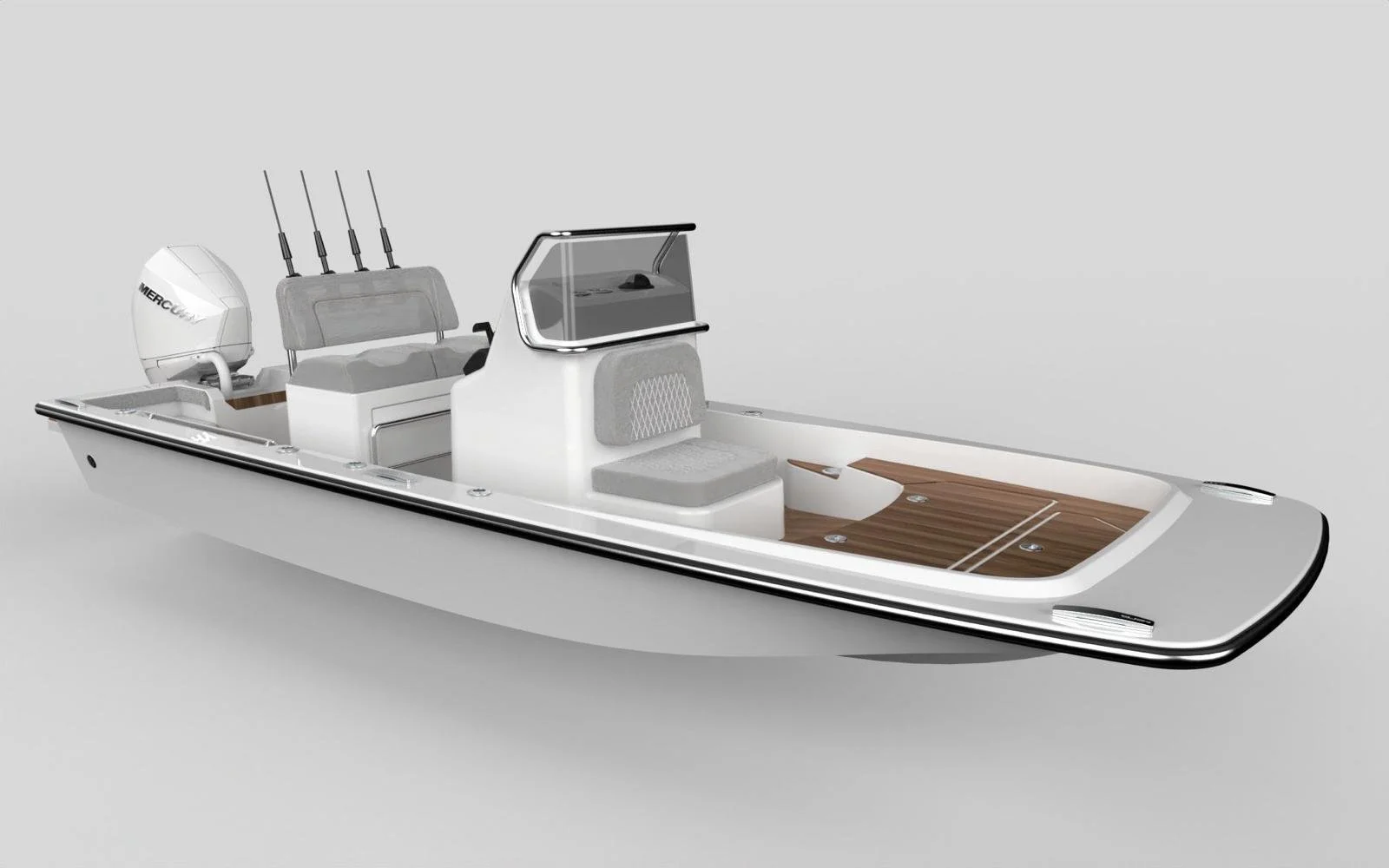 A modern white fishing boat with a wooden deck, equipped with an outboard motor, a center console with a windshield, and fishing rods mounted at the back.