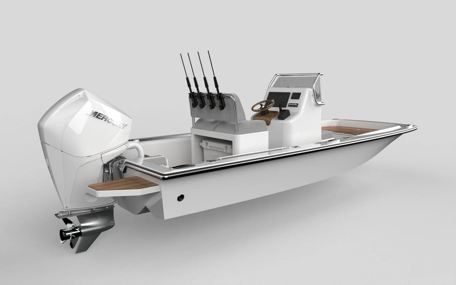 A sleek, modern fishing boat with a Mercury outboard engine, fishing rods, and a navigation console.