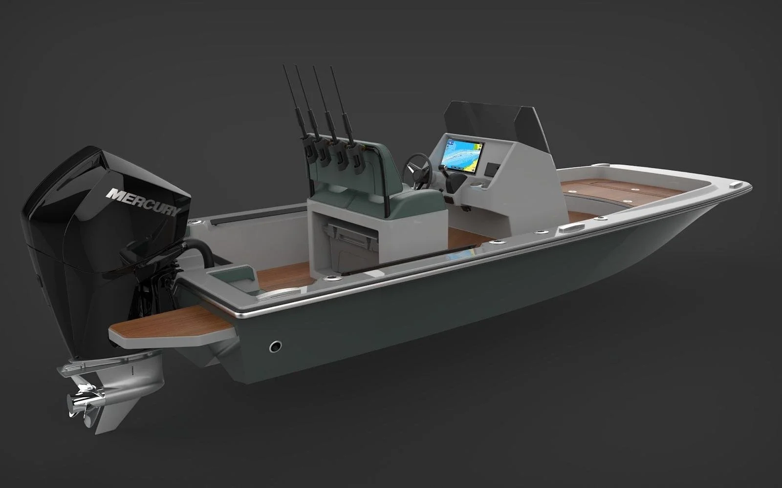 A modern fishing boat with a Mercury outboard motor, multiple fishing rods, and a navigation screen, set against a dark background.