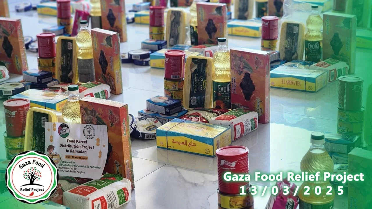 Food parcels with assorted items like cooking oil, tea, and canned goods are displayed on a floor. A sign reads "Food Parcel Distribution Project in Ramadan" for the Gaza Food Relief Project, dated March 13, 2025.