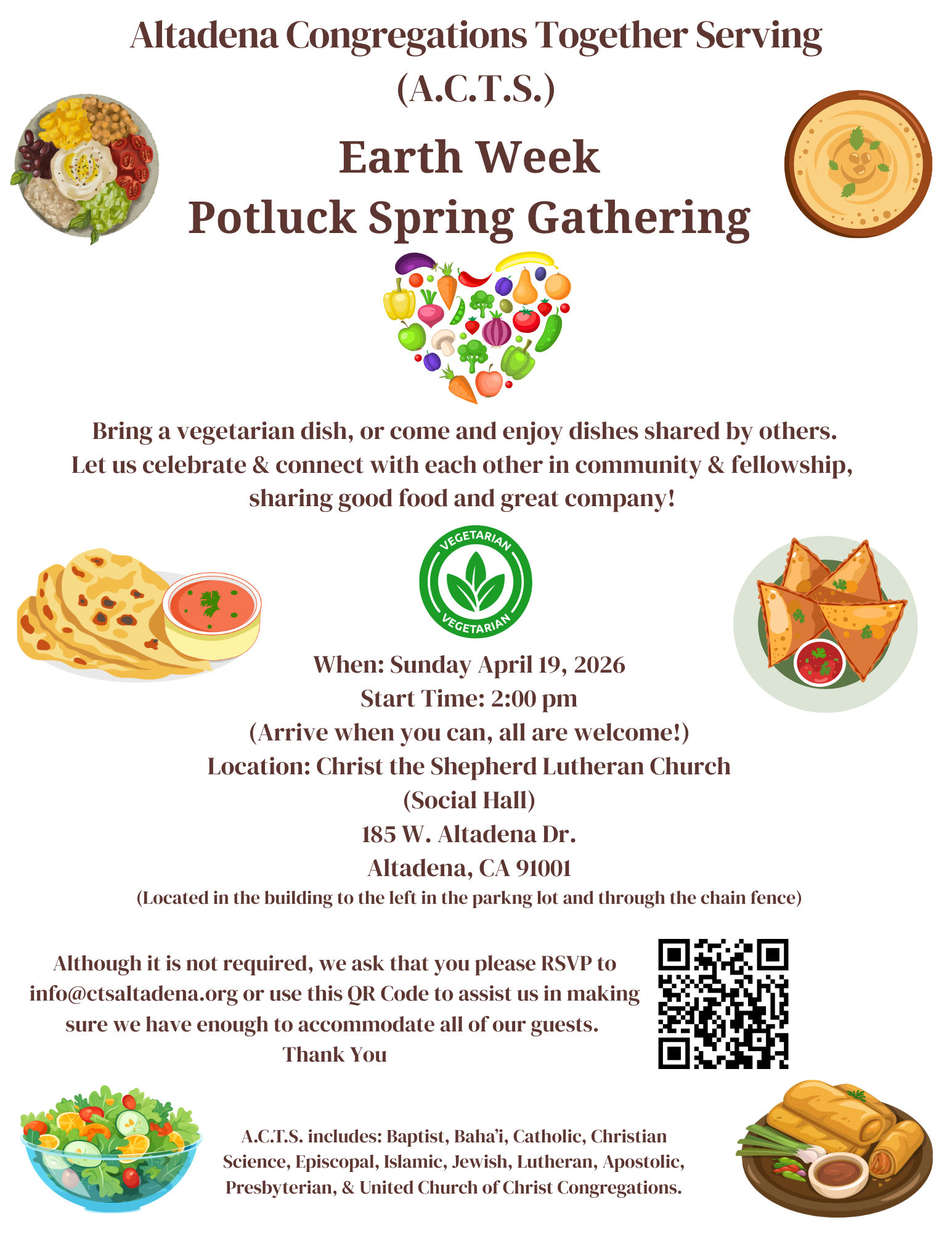 Flyer with Earth Week Potluck Spring Gathering  information and pictures of various vegetarian dishes Also has a QR code to RSVP the event. 
