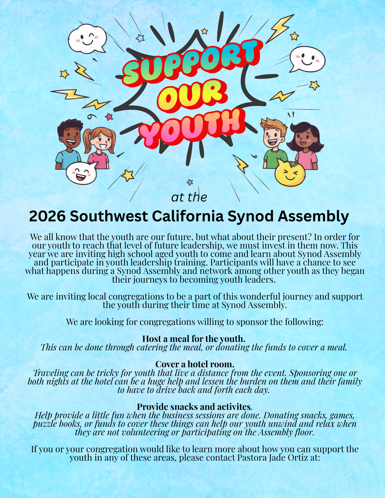 Flyer with cartoon style kids from diverse backgrounds, happy cloud bubbles and a logo that read Support our Youth in multiple colors.