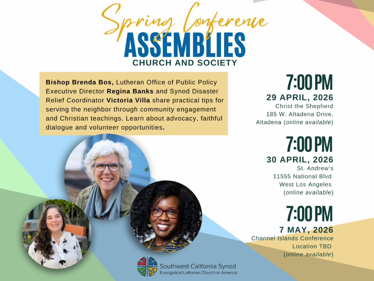 Flyer for Spring Conference Assemblies in colors if pink, orange, beige, grey and blue. Three circular pictures with white woman with short white hair, black woman with black curly hair and glasses, his