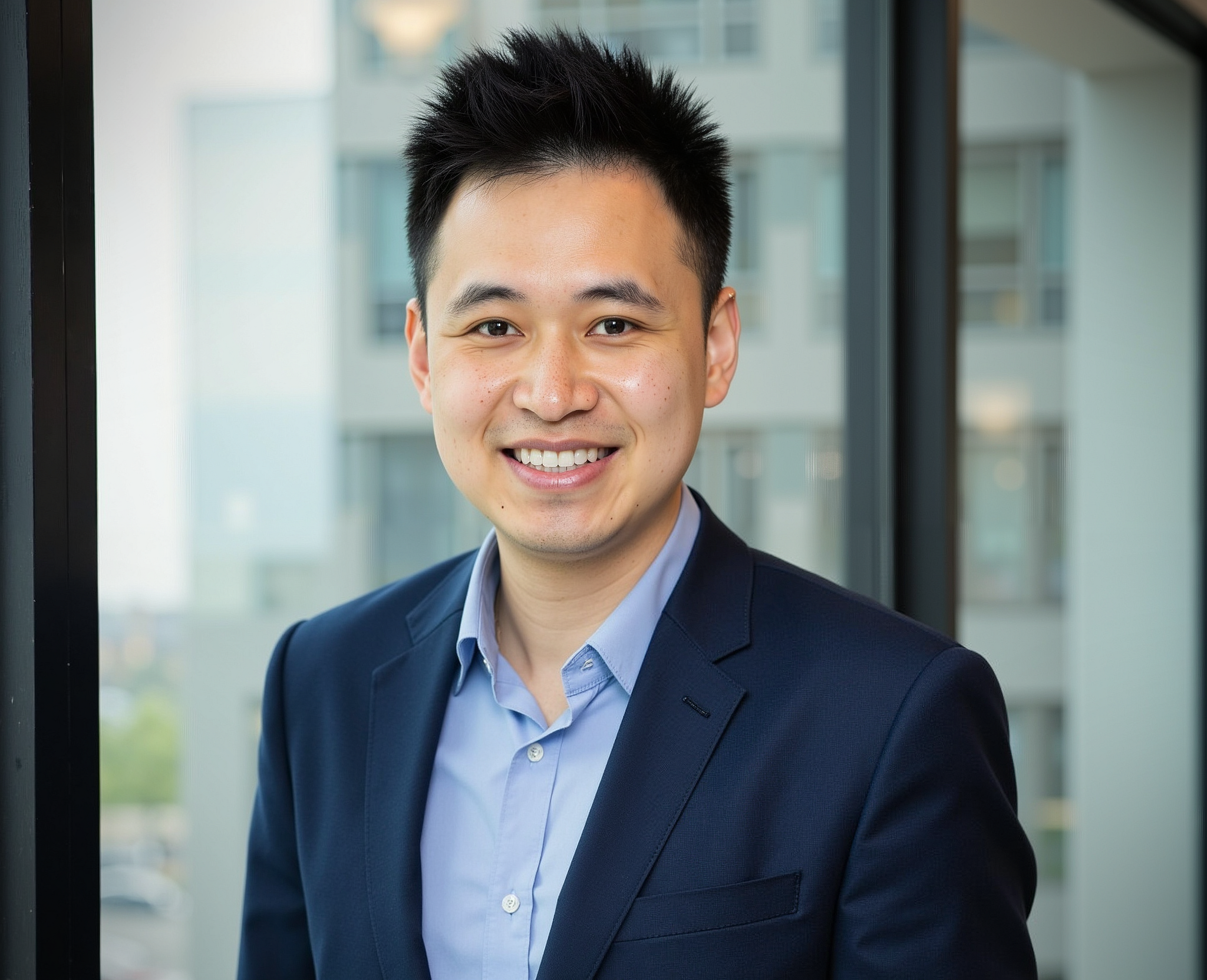 Professional young man wearing a navy blazer and light blue shirt standing near a large window, smiling with a cityscape in the background.