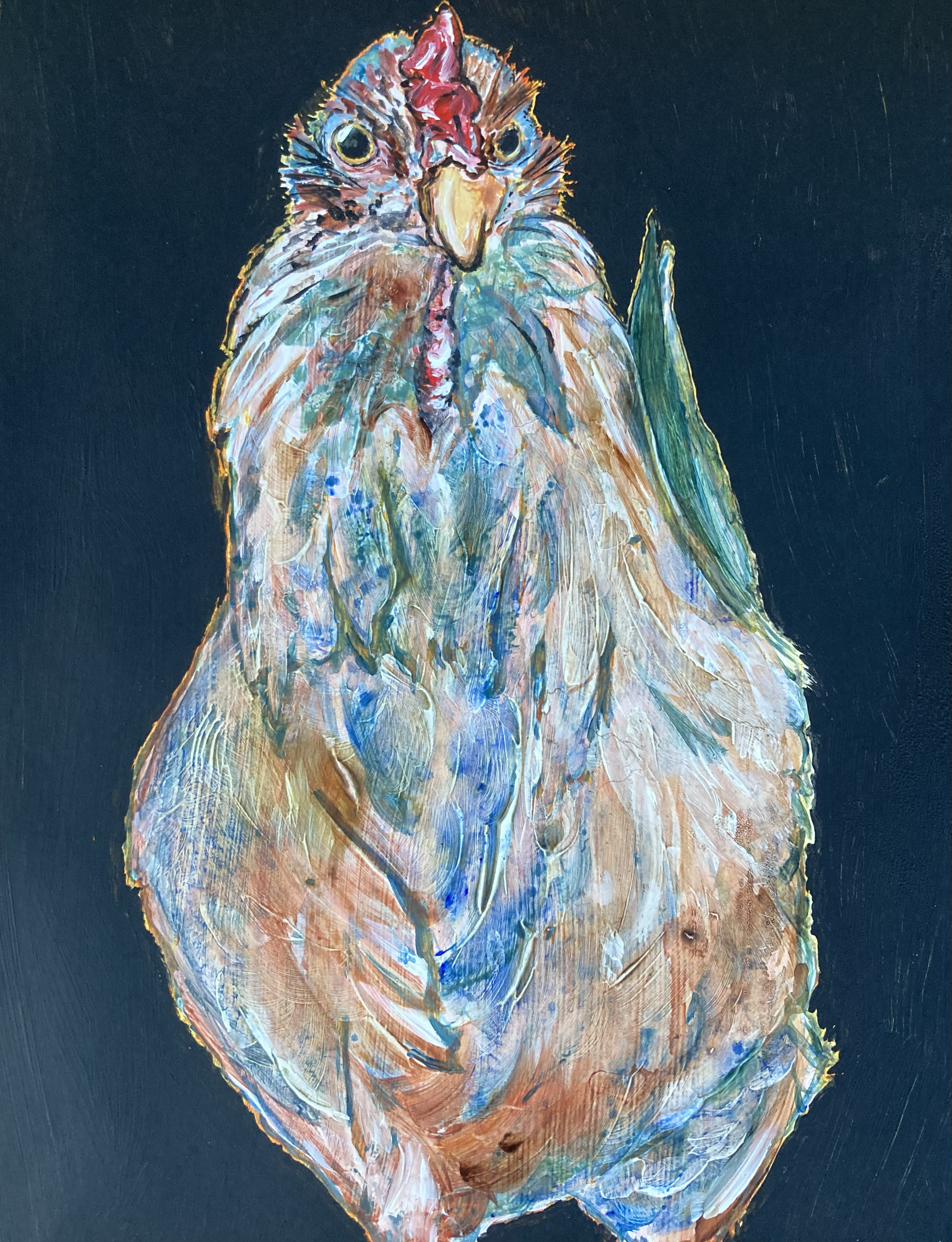 Rose comb auracana hen standing very upright and looking straight on, rendered in teals and soft red browns against a dramatic black background